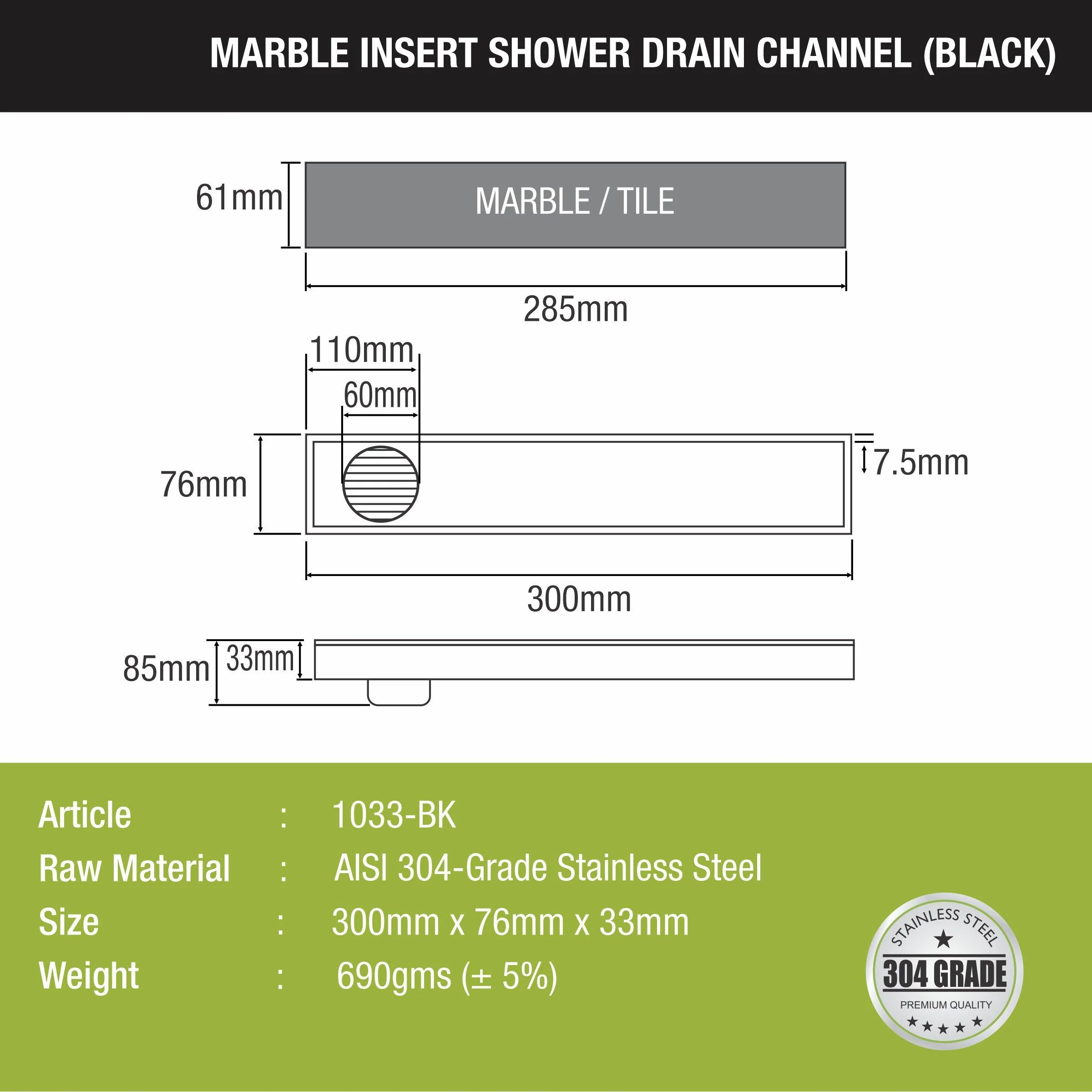Marble Insert Shower Drain Channel - Black (12 x 3 Inches) - LIPKA - Image 2