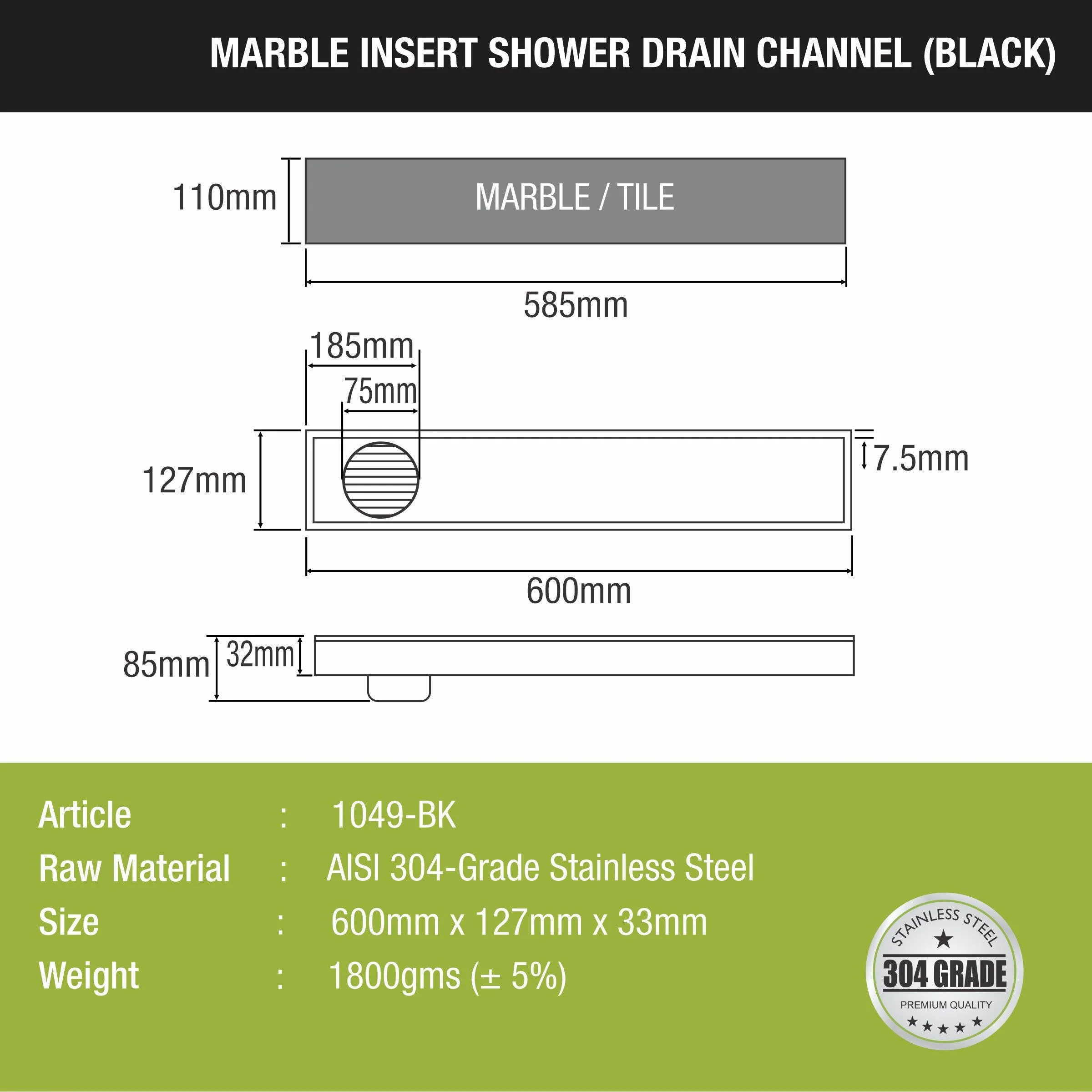 Marble Insert Shower Drain Channel - Black (24 x 5 Inches) - LIPKA - Image 2