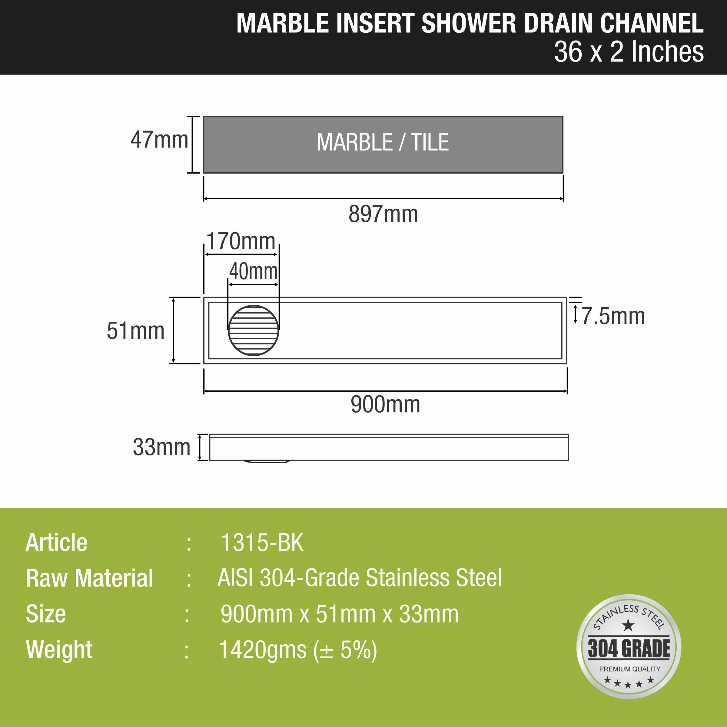 Marble Insert Shower Drain Channel - Black (36 x 2 Inches) - LIPKA - Image 2