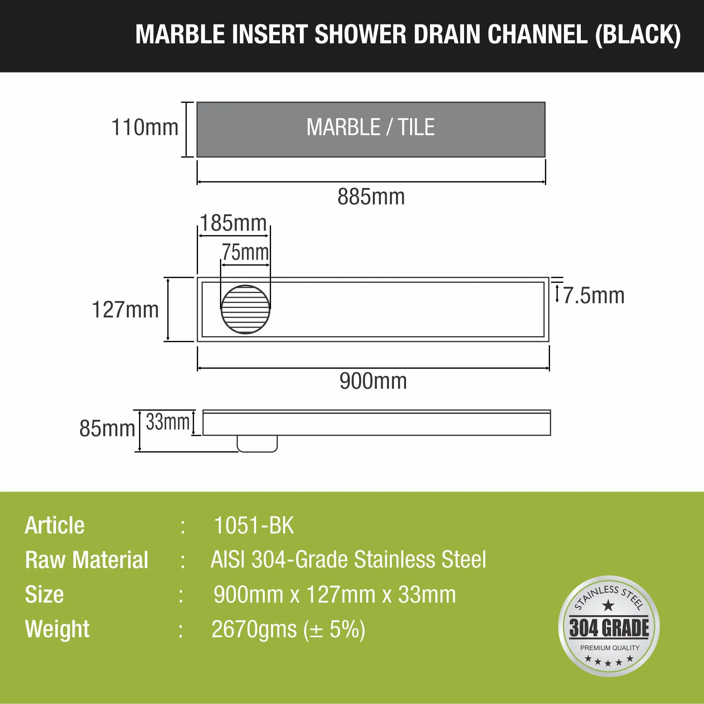 Marble Insert Shower Drain Channel - Black (36 x 5 Inches) - LIPKA - Image 2
