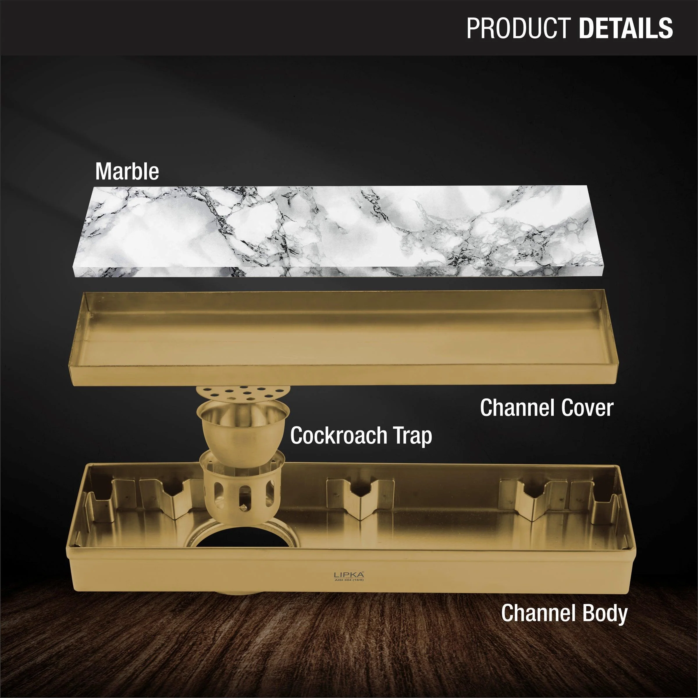 Marble Insert Shower Drain Channel - Yellow Gold (12 x 3 Inches) - LIPKA - Image 3