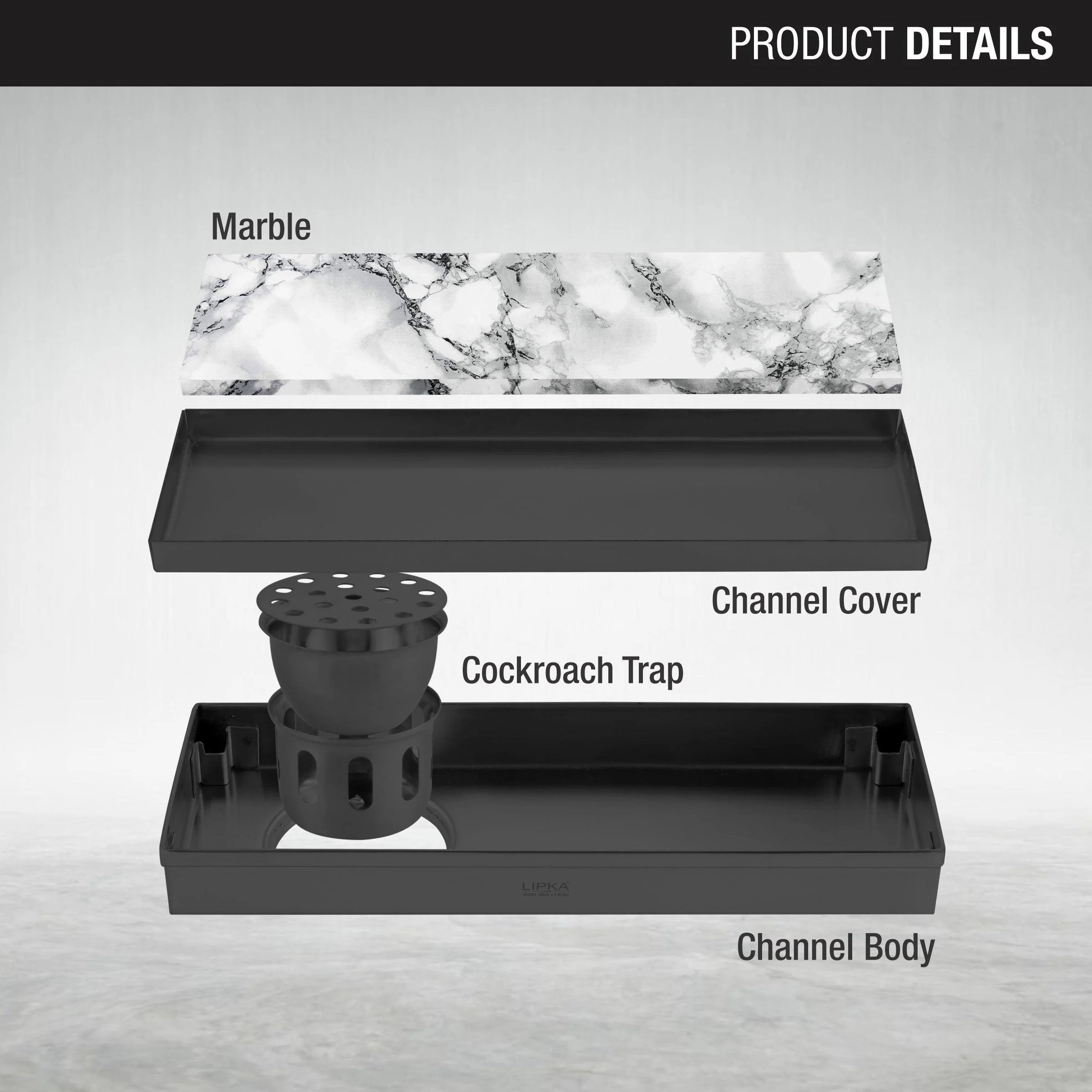 Marble Insert Shower Drain Channel - Black (12 x 4 Inches) - LIPKA - Image 4