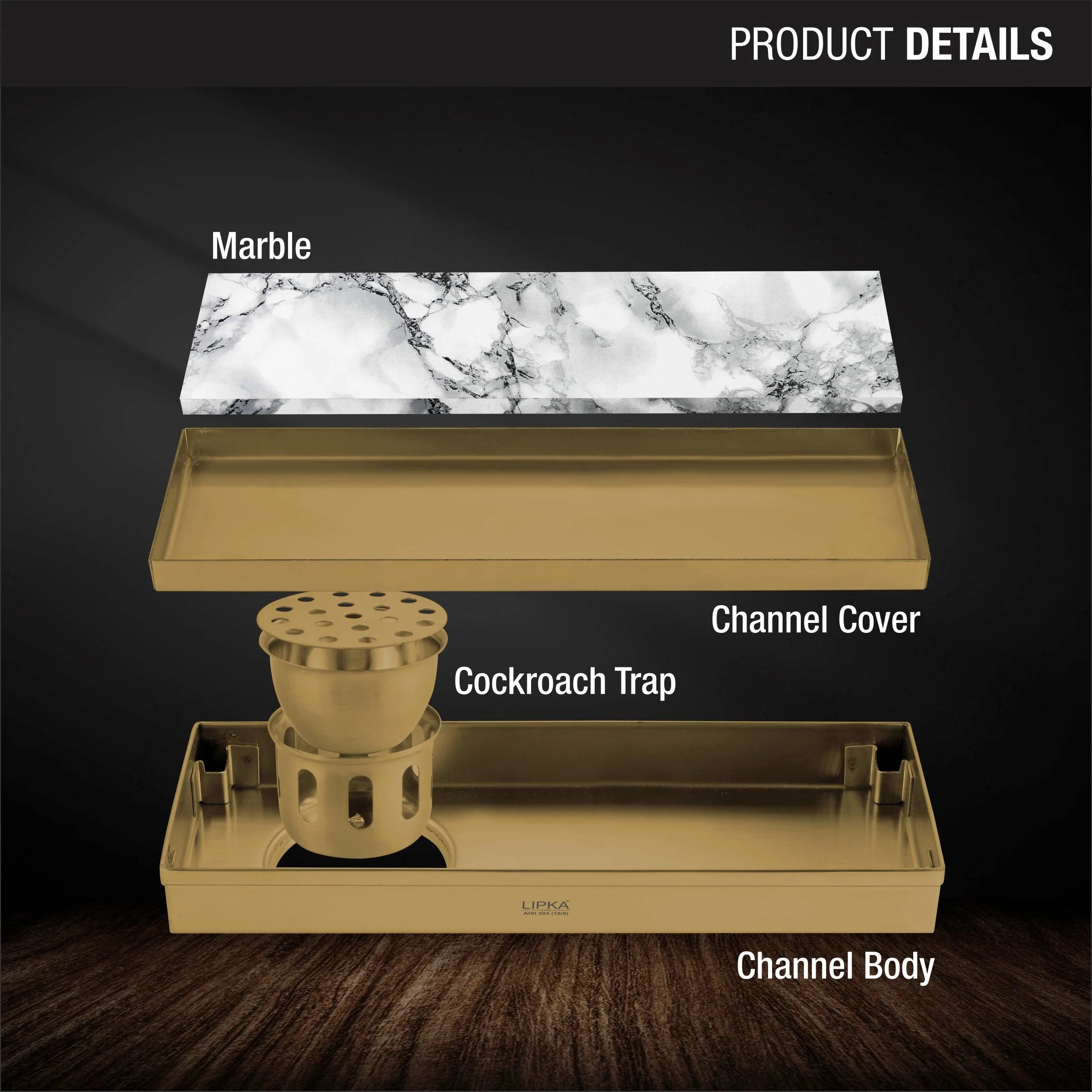 Marble Insert Shower Drain Channel - Yellow Gold (12 x 4 Inches) - LIPKA - Image 3