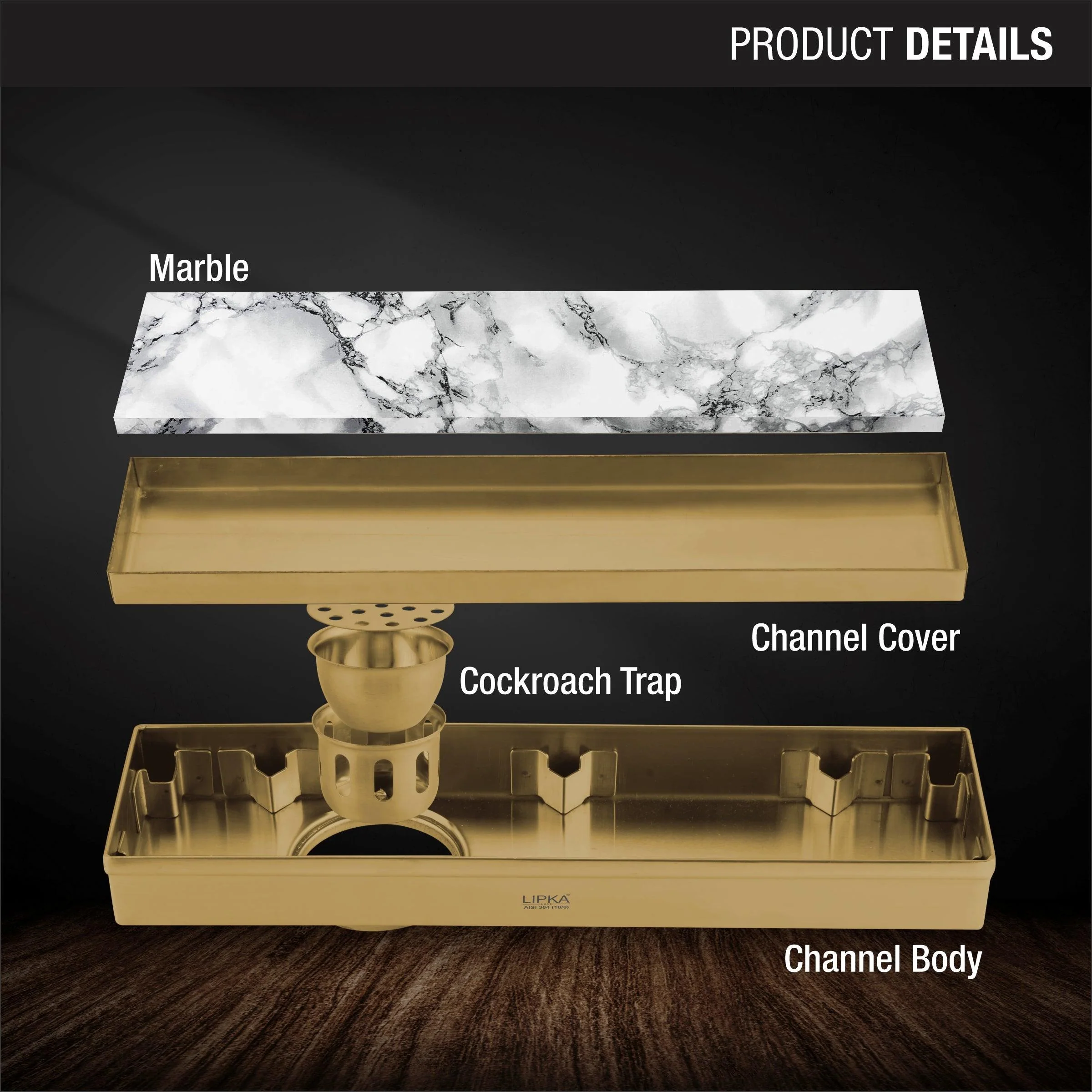 Marble Insert Shower Drain Channel - Yellow Gold (18 x 3 Inches) - LIPKA - Image 3