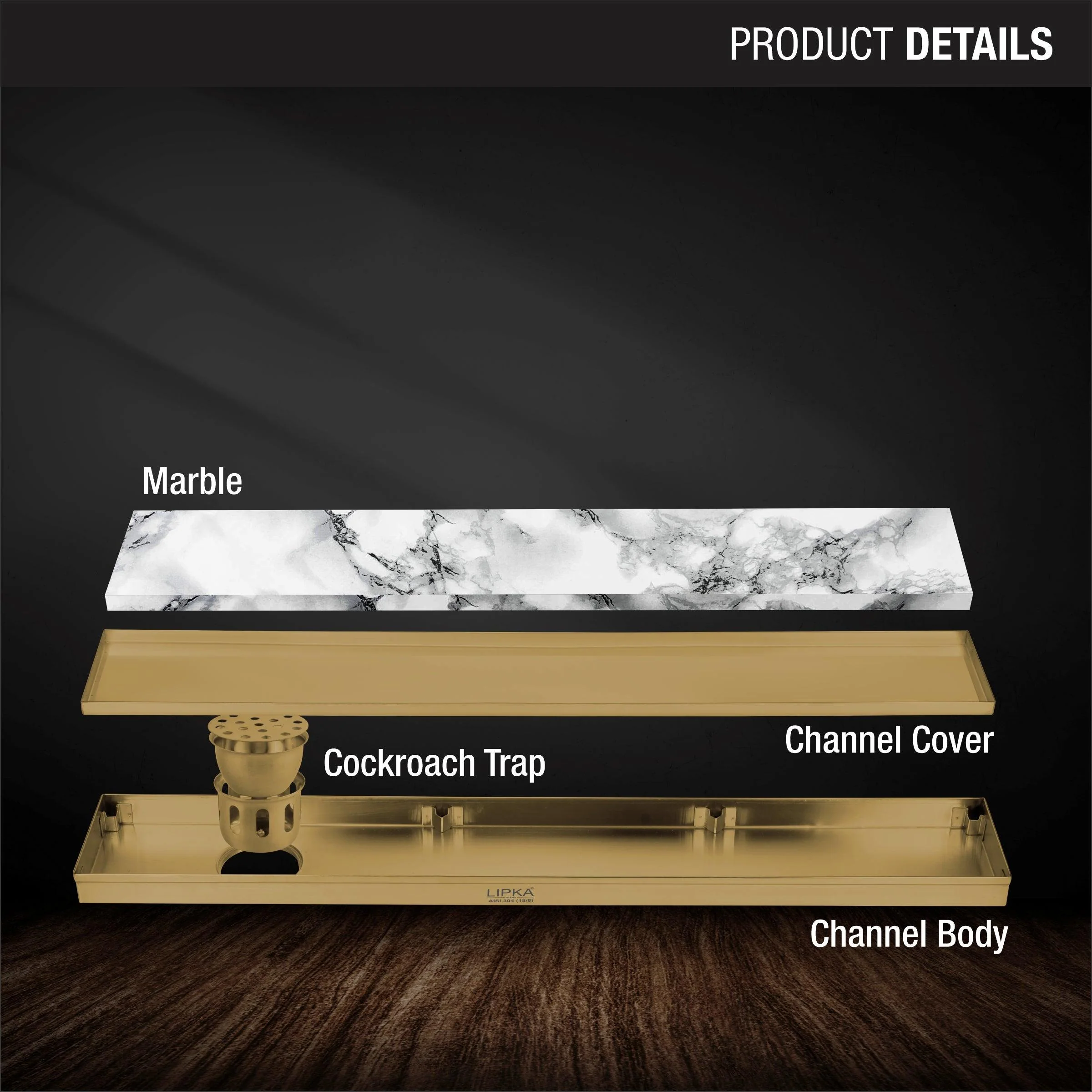 Marble Insert Shower Drain Channel - Yellow Gold (40 x 5 Inches) - LIPKA - Image 3