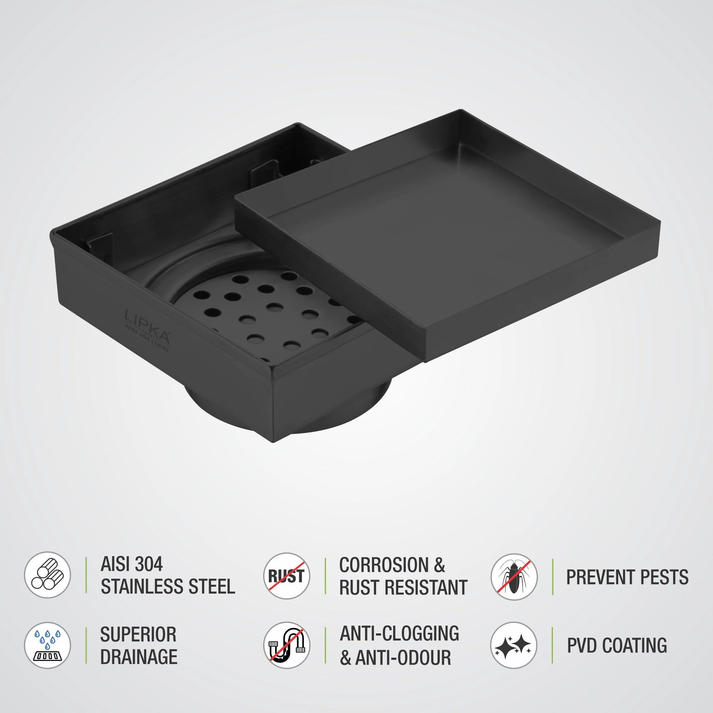 Marble Insert Square Floor Drain - Black (5 x 5 Inches) - LIPKA - Image 4