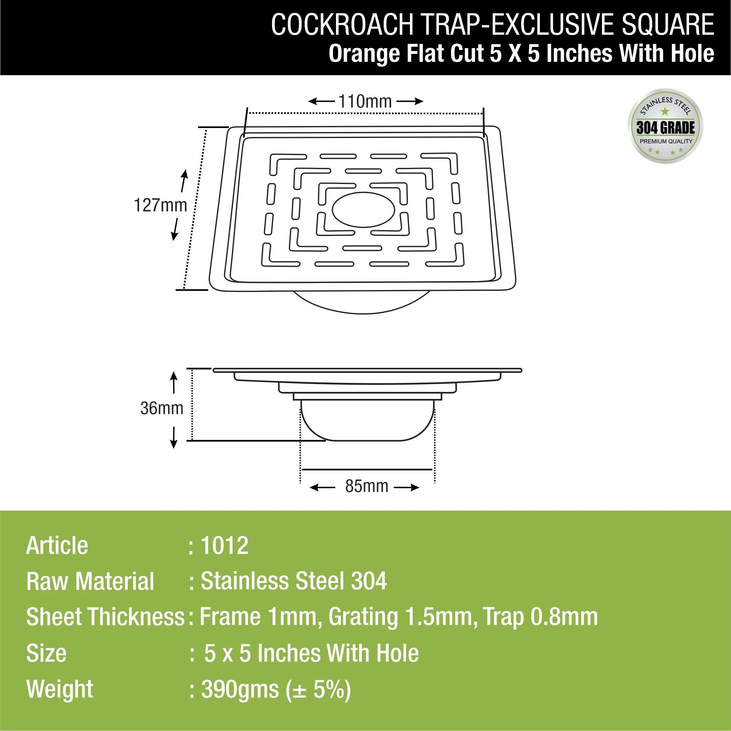 Orange Exclusive Square Flat Cut Floor Drain (5 Inches) with Cockroach Trap And Hole - LIPKA - Image 2