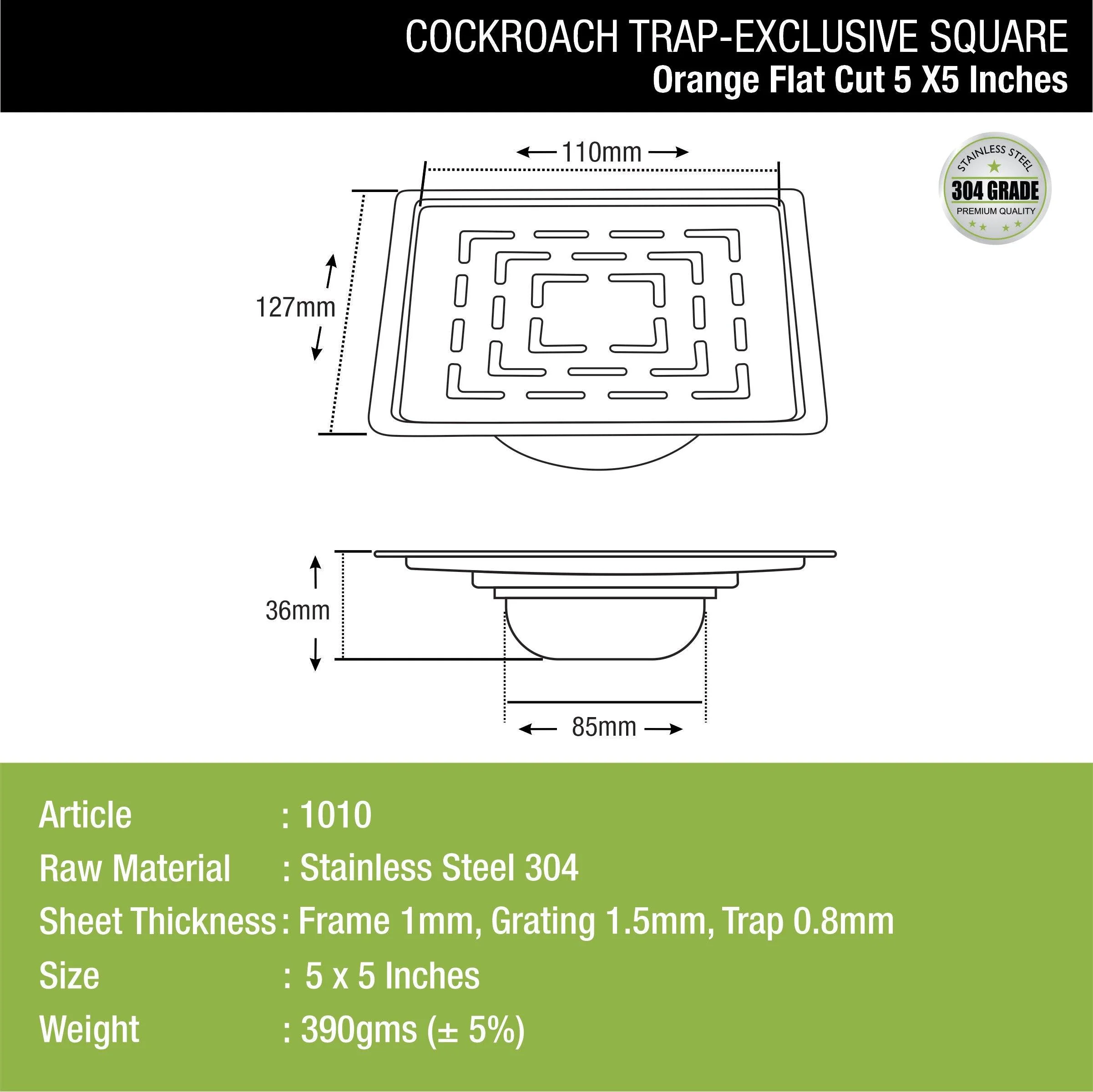 Orange Exclusive Square Flat Cut Floor Drain (5 x 5 Inches) with Cockroach Trap - LIPKA - Image 3