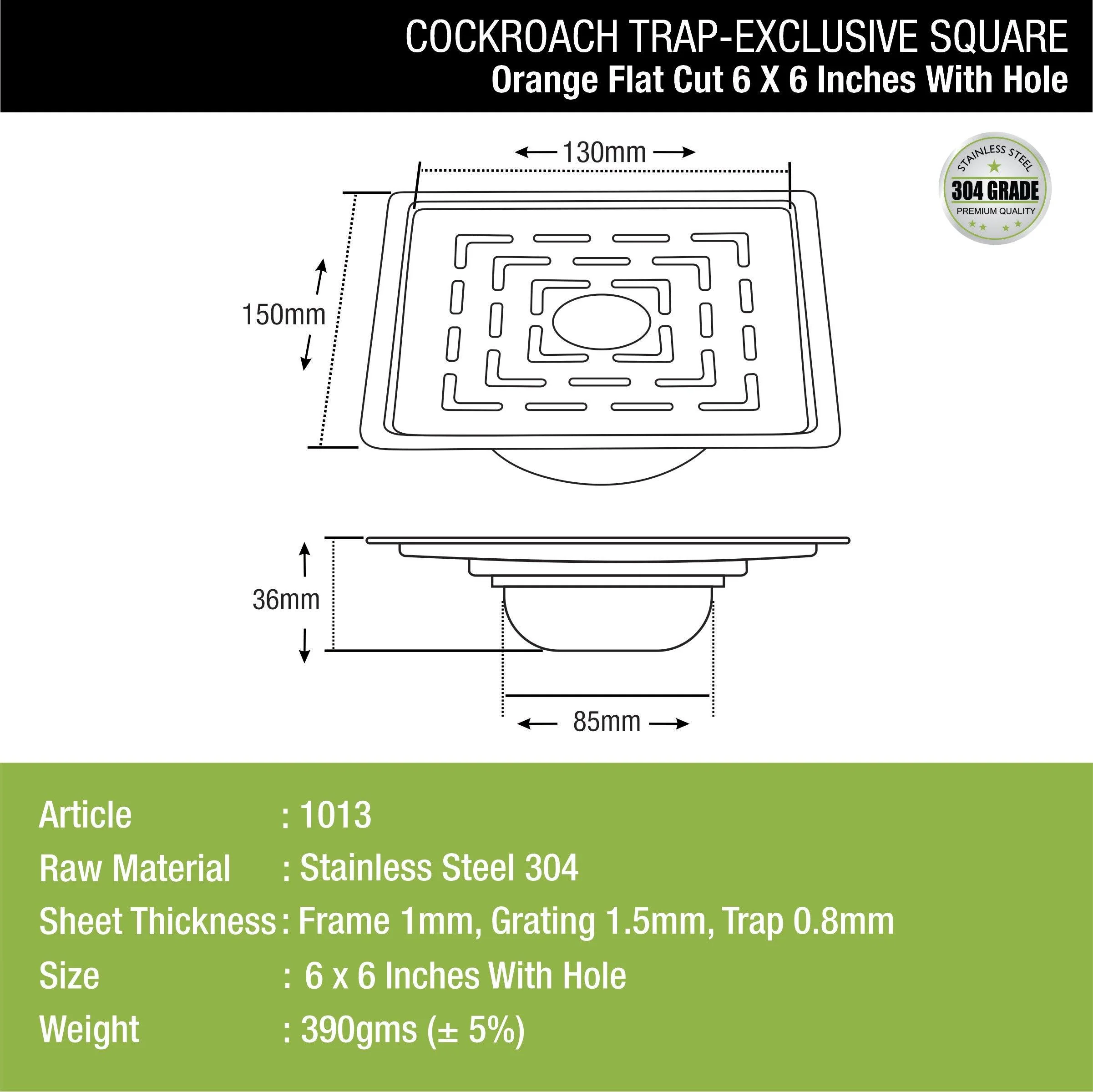 Orange Exclusive Square Flat Cut Floor Drain (6 x 6 Inches) with Hole and Cockroach Trap - LIPKA - Image 2
