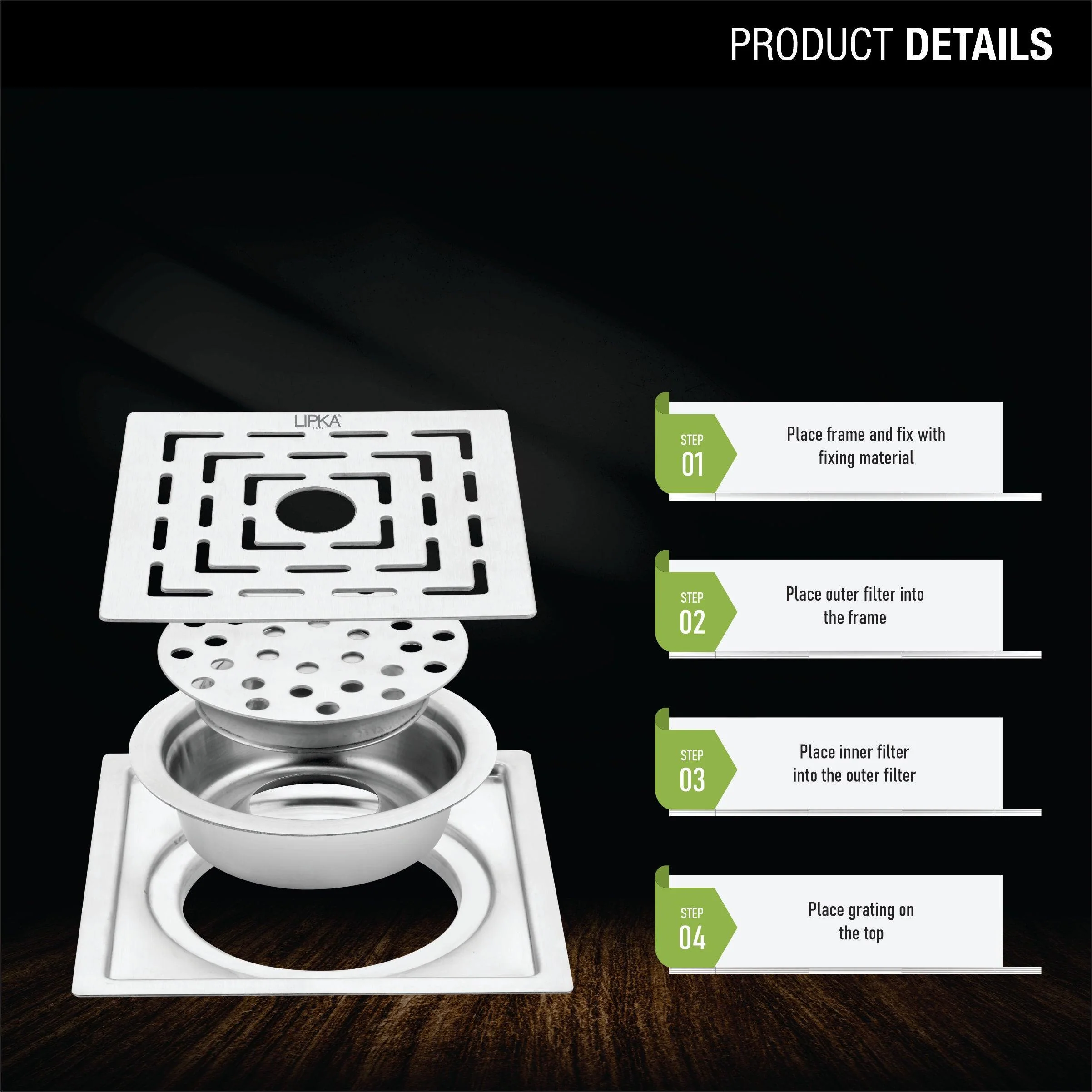Orange Exclusive Square Flat Cut Floor Drain (6 x 6 Inches) with Hole and Cockroach Trap - LIPKA - Image 3