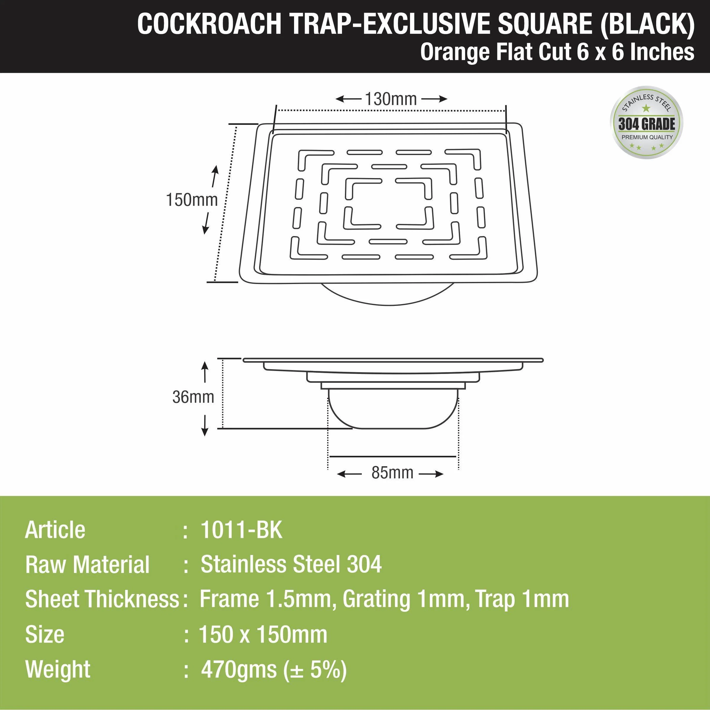 Orange Exclusive Square Flat Cut Floor Drain in Black PVD Coating (6 x 6 Inches) with Cockroach Trap - LIPKA - Image 3