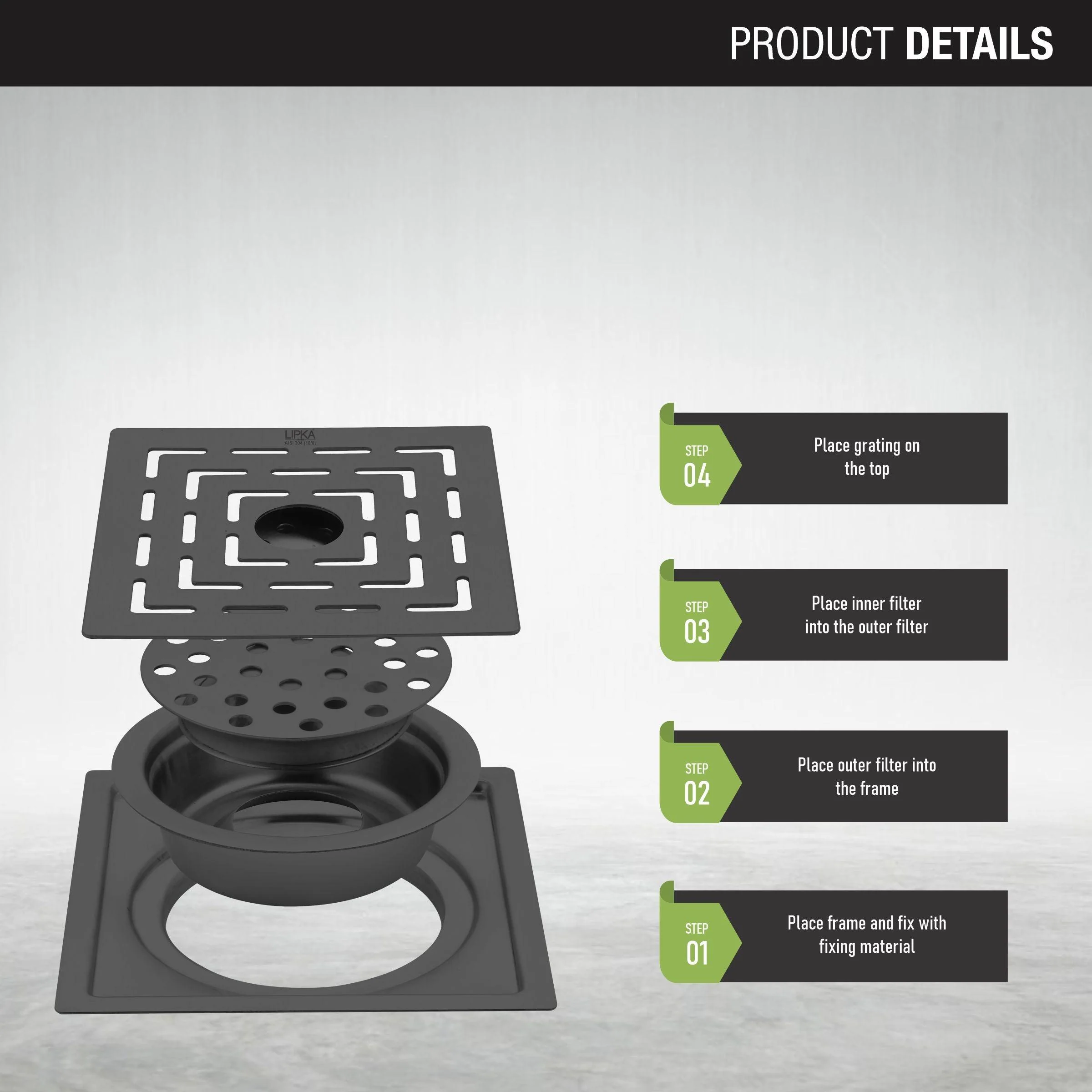 Orange Exclusive Square Flat Cut Floor Drain in Black PVD Coating (6 x 6 Inches) with Hole & Cockroach Trap - LIPKA - Image 3