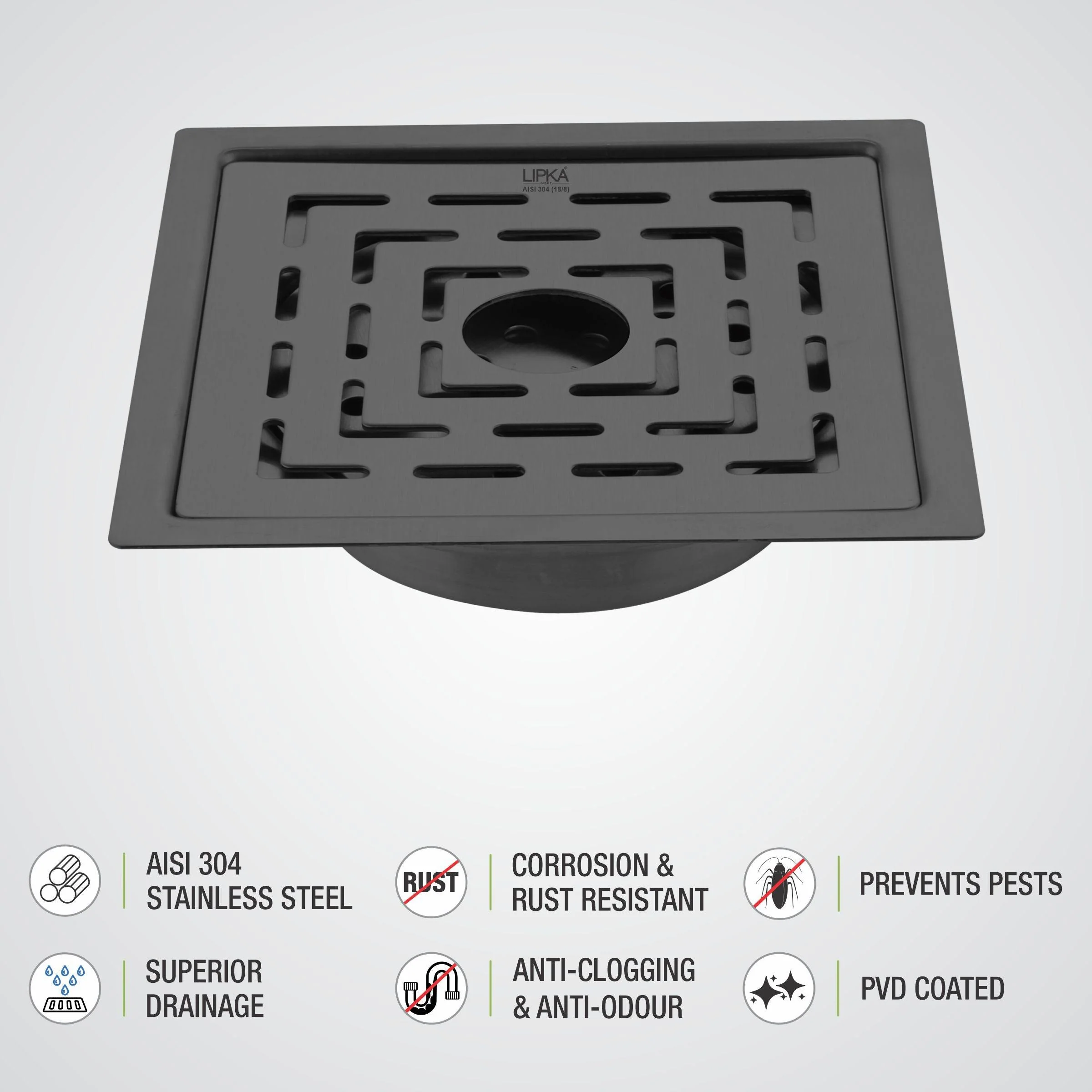 Orange Exclusive Square Flat Cut Floor Drain in Black PVD Coating (6 x 6 Inches) with Hole & Cockroach Trap - LIPKA - Image 4