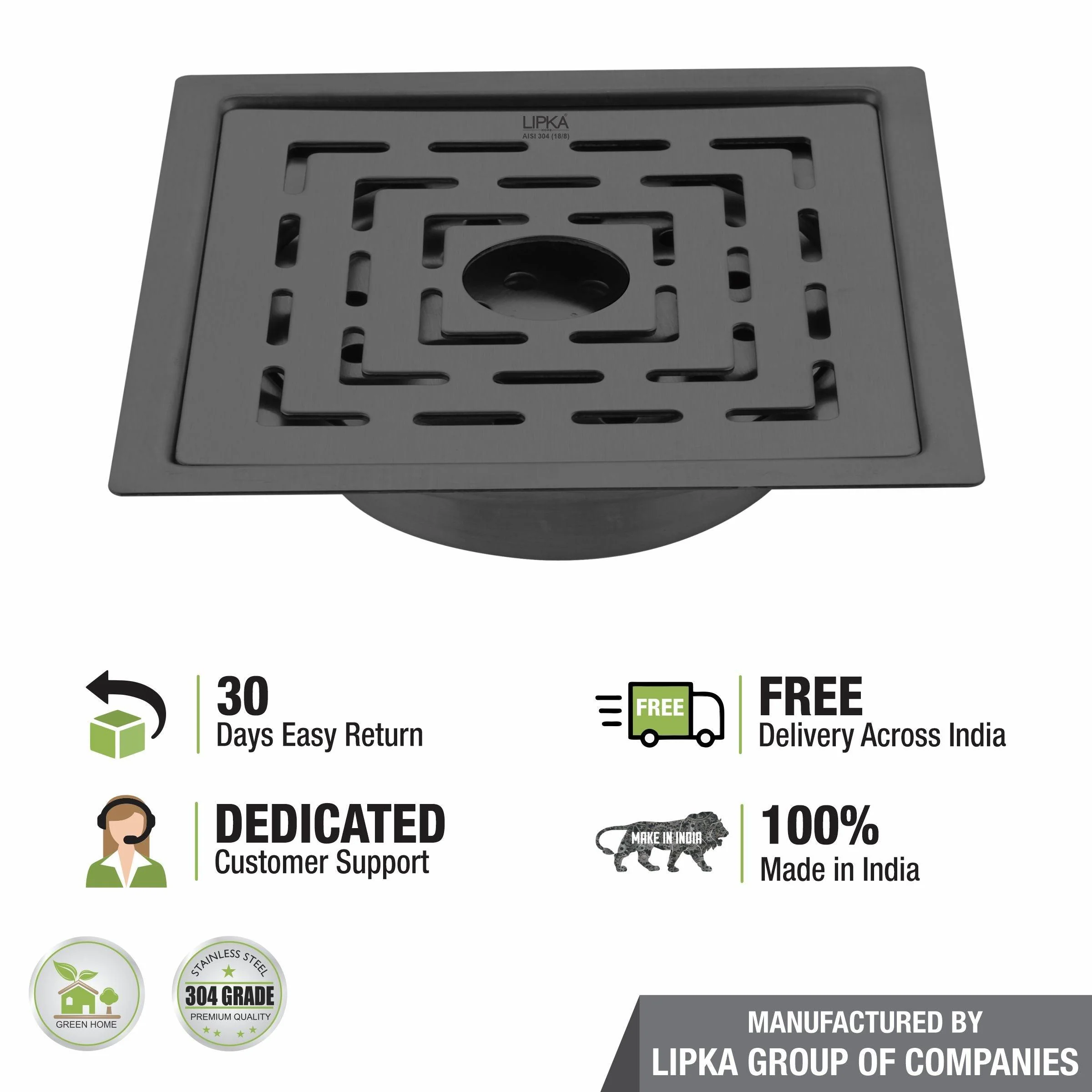 Orange Exclusive Square Flat Cut Floor Drain in Black PVD Coating (6 x 6 Inches) with Hole & Cockroach Trap - LIPKA - Image 5