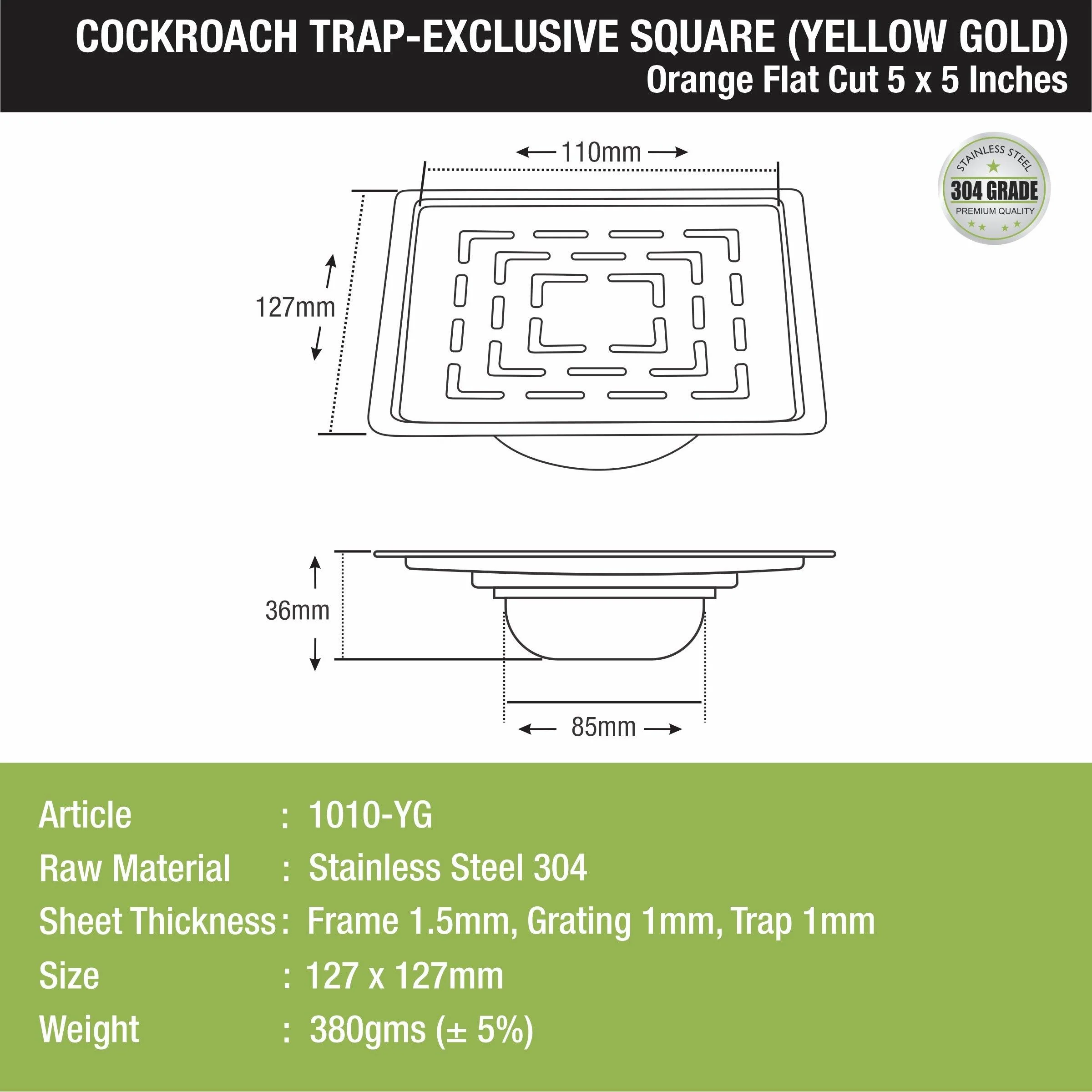 Orange Exclusive Square Flat Cut Floor Drain in Yellow Gold PVD Coating (5 x 5 Inches) with Cockroach Trap - LIPKA - Image 2