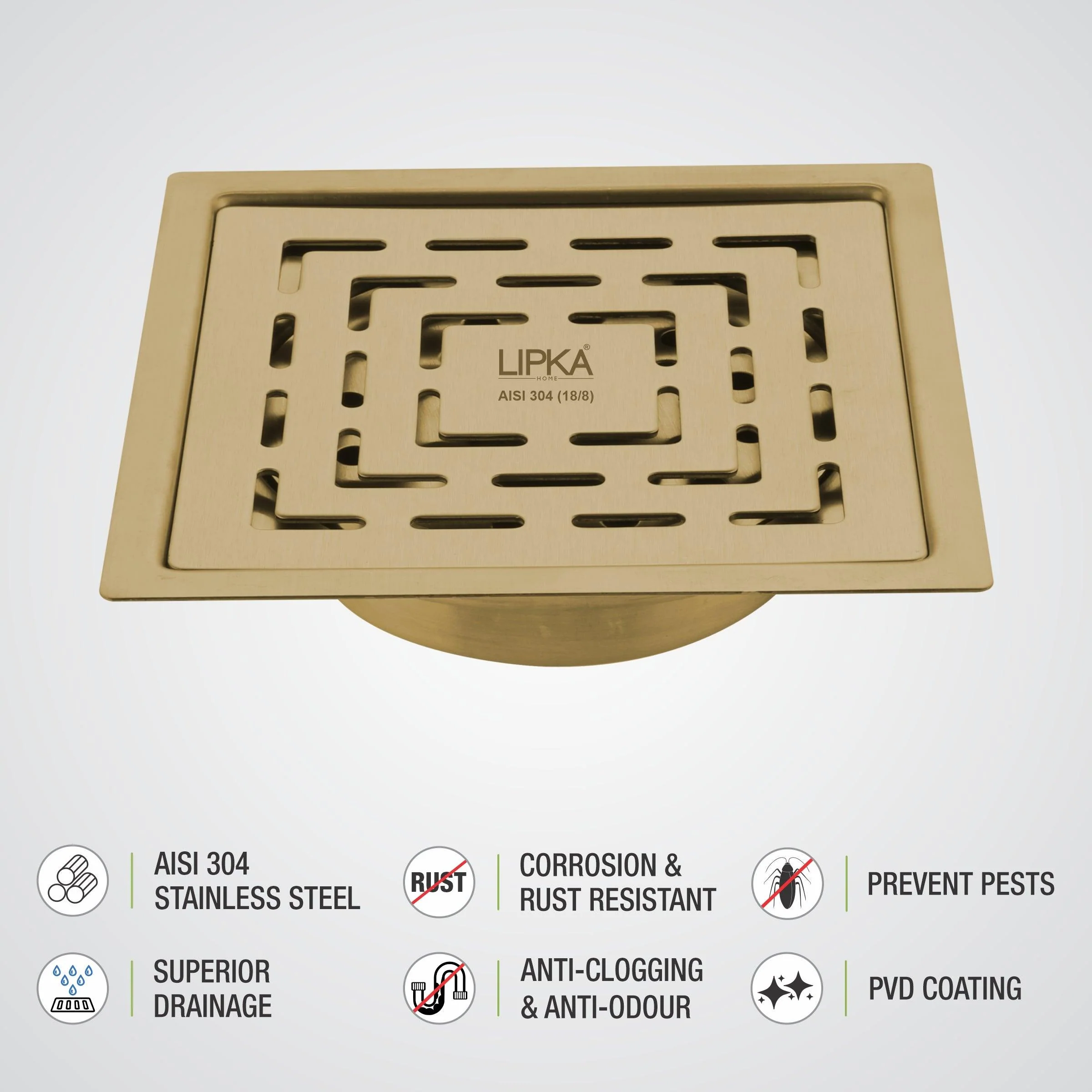 Orange Exclusive Square Flat Cut Floor Drain in Yellow Gold PVD Coating (5 x 5 Inches) with Cockroach Trap - LIPKA - Image 4