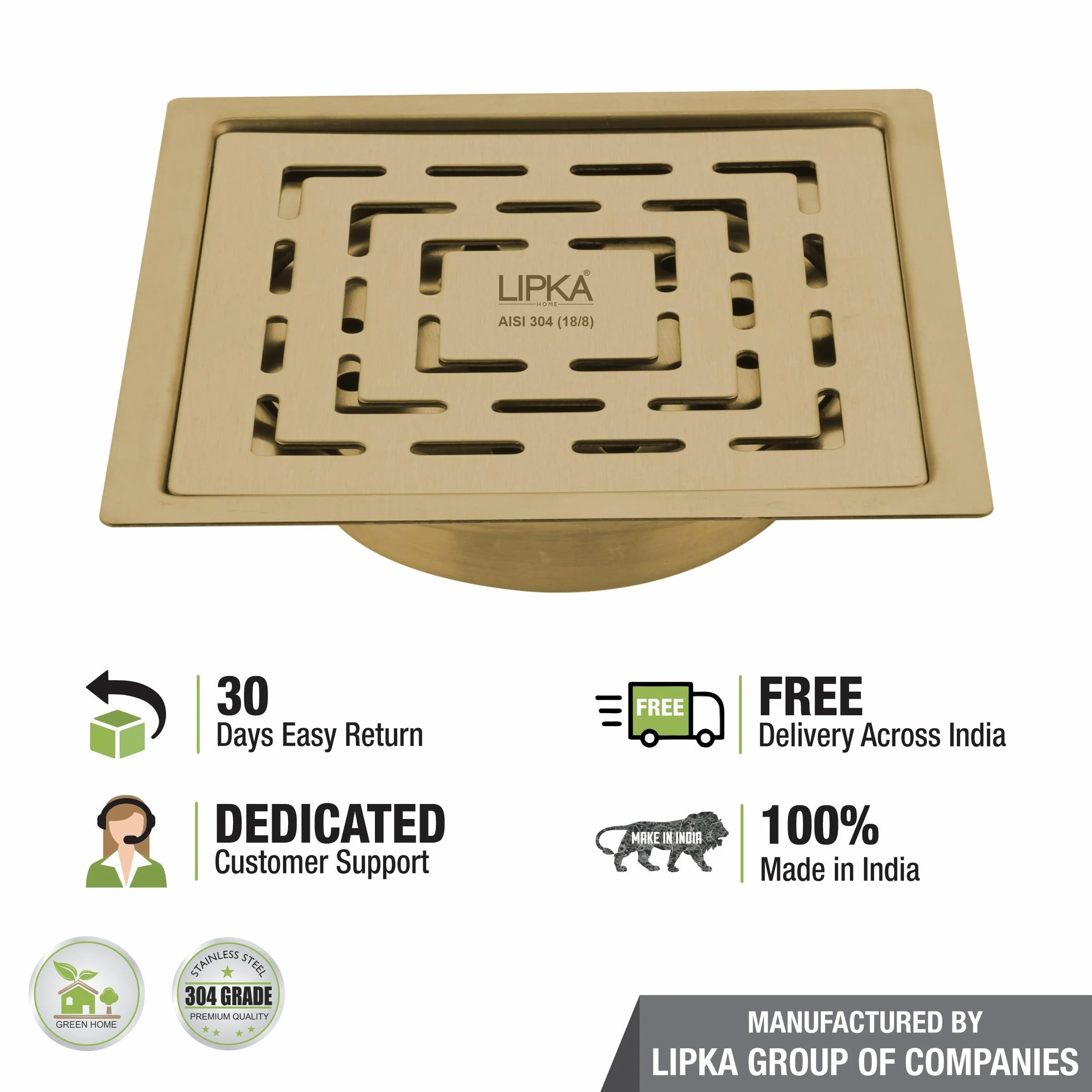 Orange Exclusive Square Flat Cut Floor Drain in Yellow Gold PVD Coating (5 x 5 Inches) with Cockroach Trap - LIPKA - Image 5