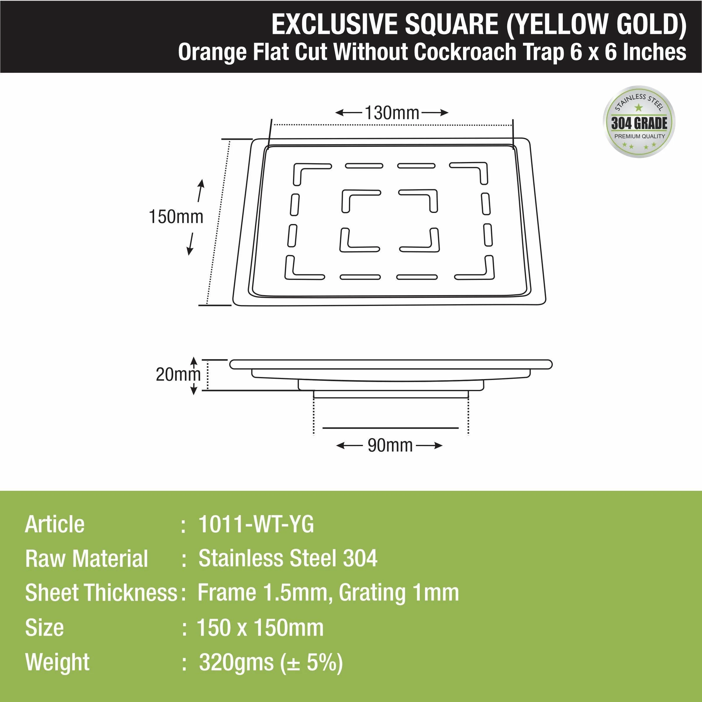 Orange Exclusive Square Flat Cut Floor Drain in Yellow Gold PVD Coating (6 x 6 Inches) - LIPKA - Image 2
