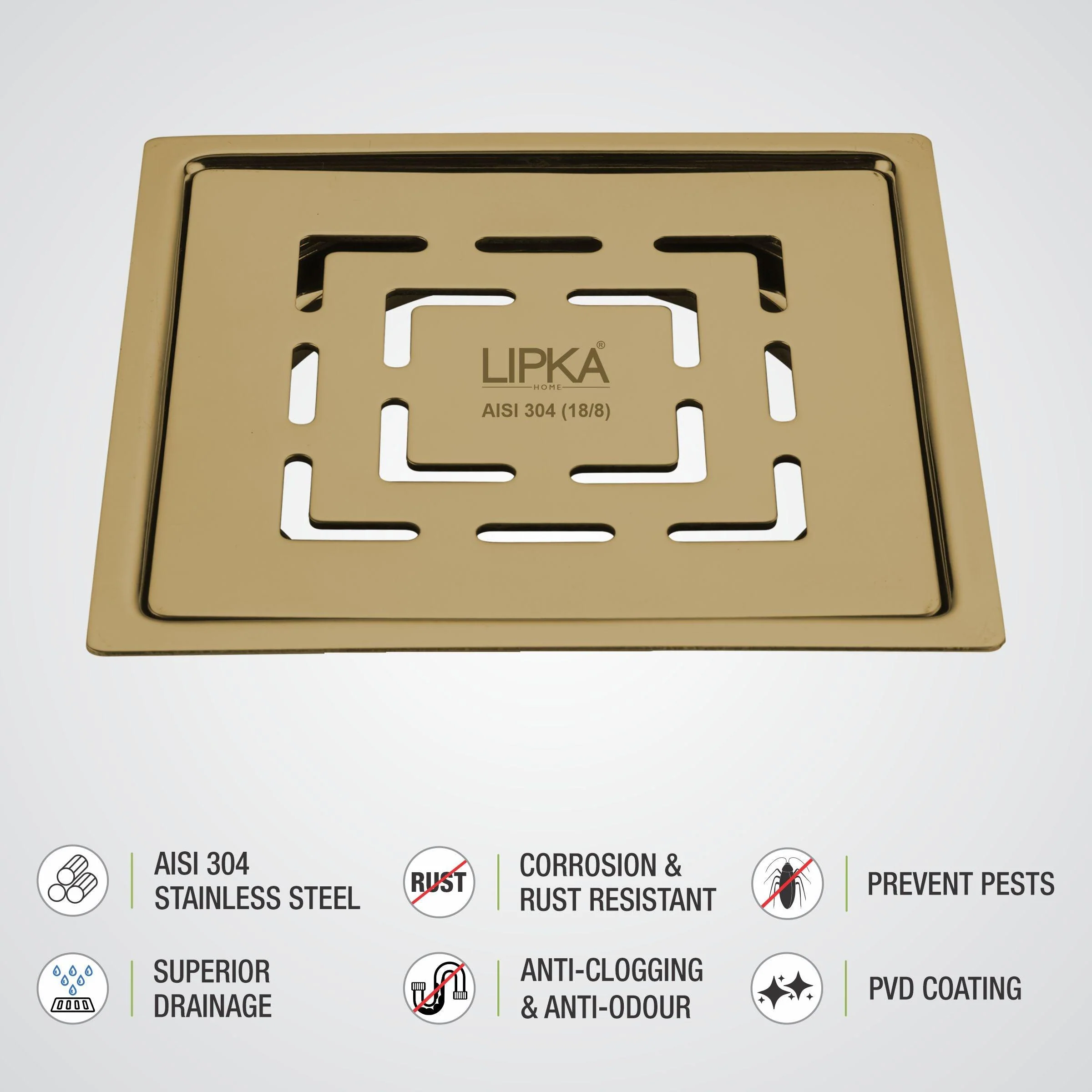 Orange Exclusive Square Flat Cut Floor Drain in Yellow Gold PVD Coating (6 x 6 Inches) - LIPKA - Image 3