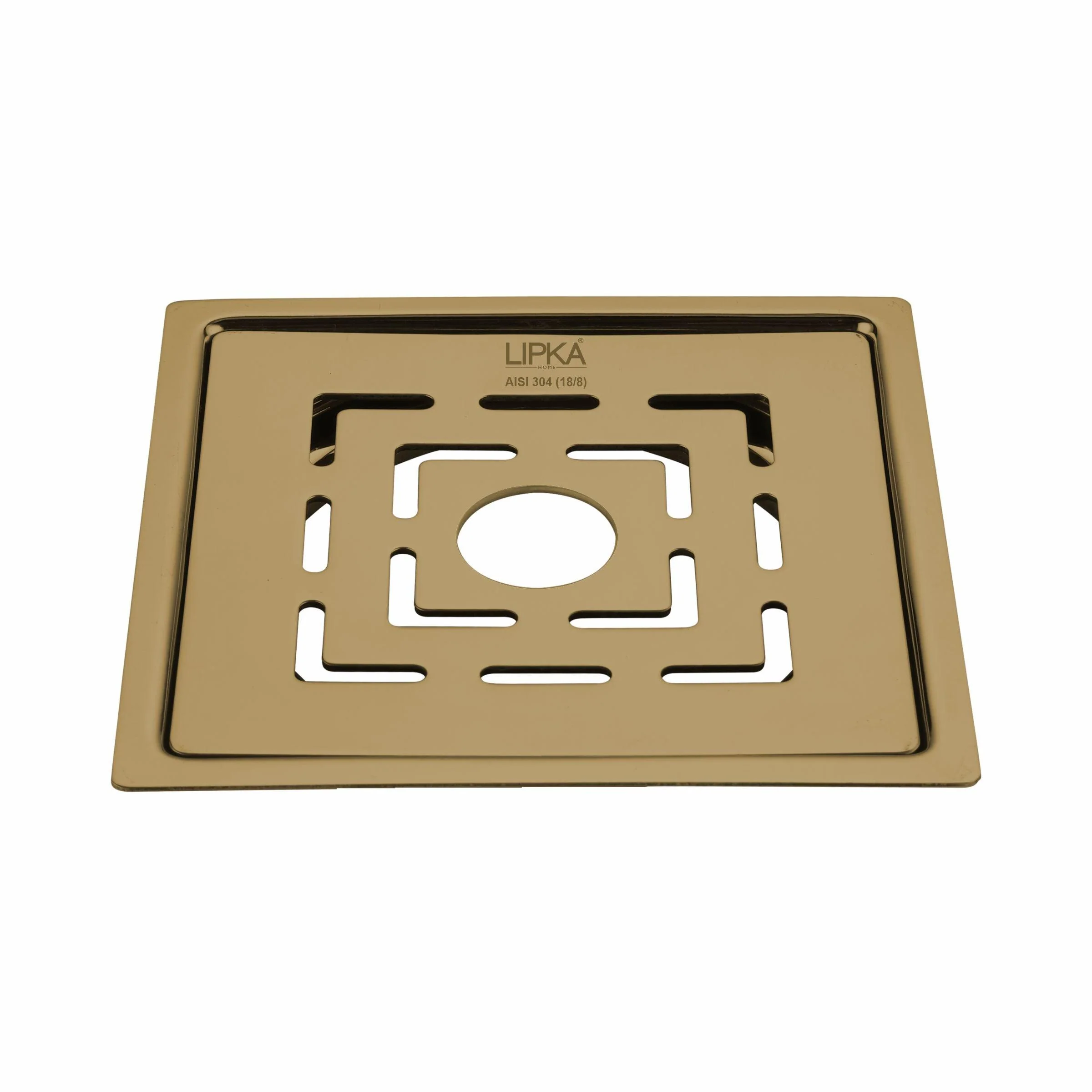 Orange Exclusive Square Flat Cut Floor Drain in Yellow Gold PVD Coating (6 x 6 Inches) with Hole - LIPKA