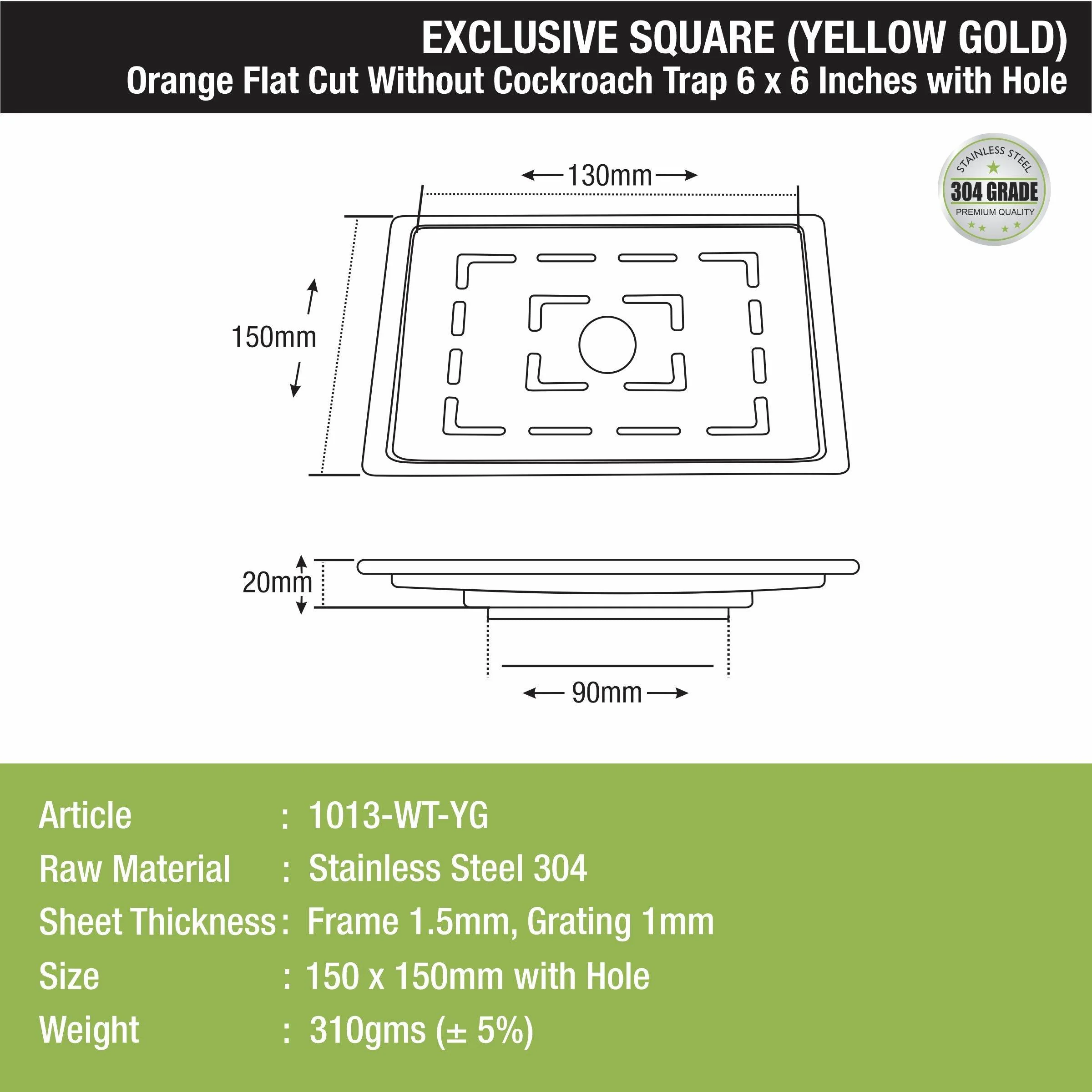 Orange Exclusive Square Flat Cut Floor Drain in Yellow Gold PVD Coating (6 x 6 Inches) with Hole - LIPKA - Image 2