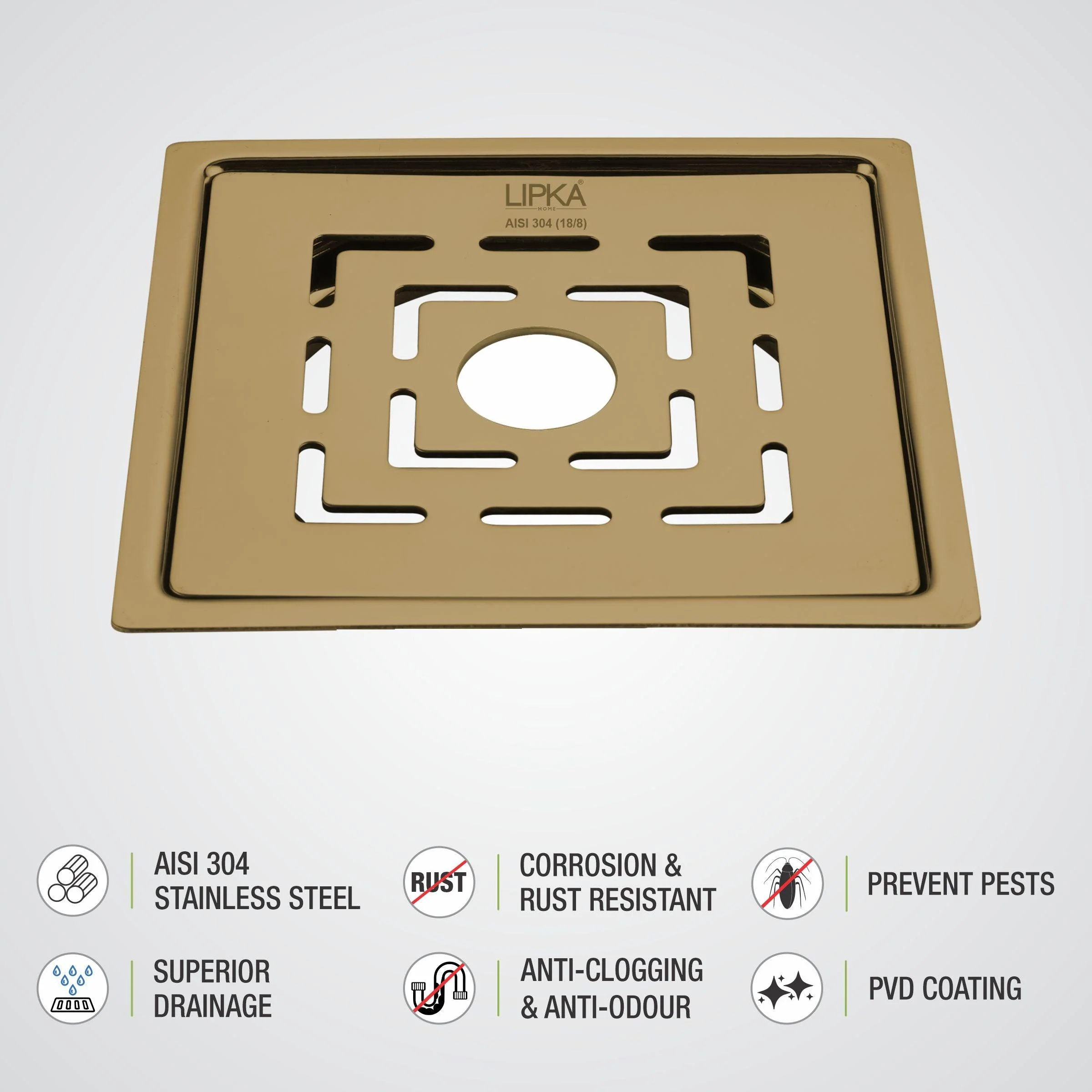 Orange Exclusive Square Flat Cut Floor Drain in Yellow Gold PVD Coating (6 x 6 Inches) with Hole - LIPKA - Image 3