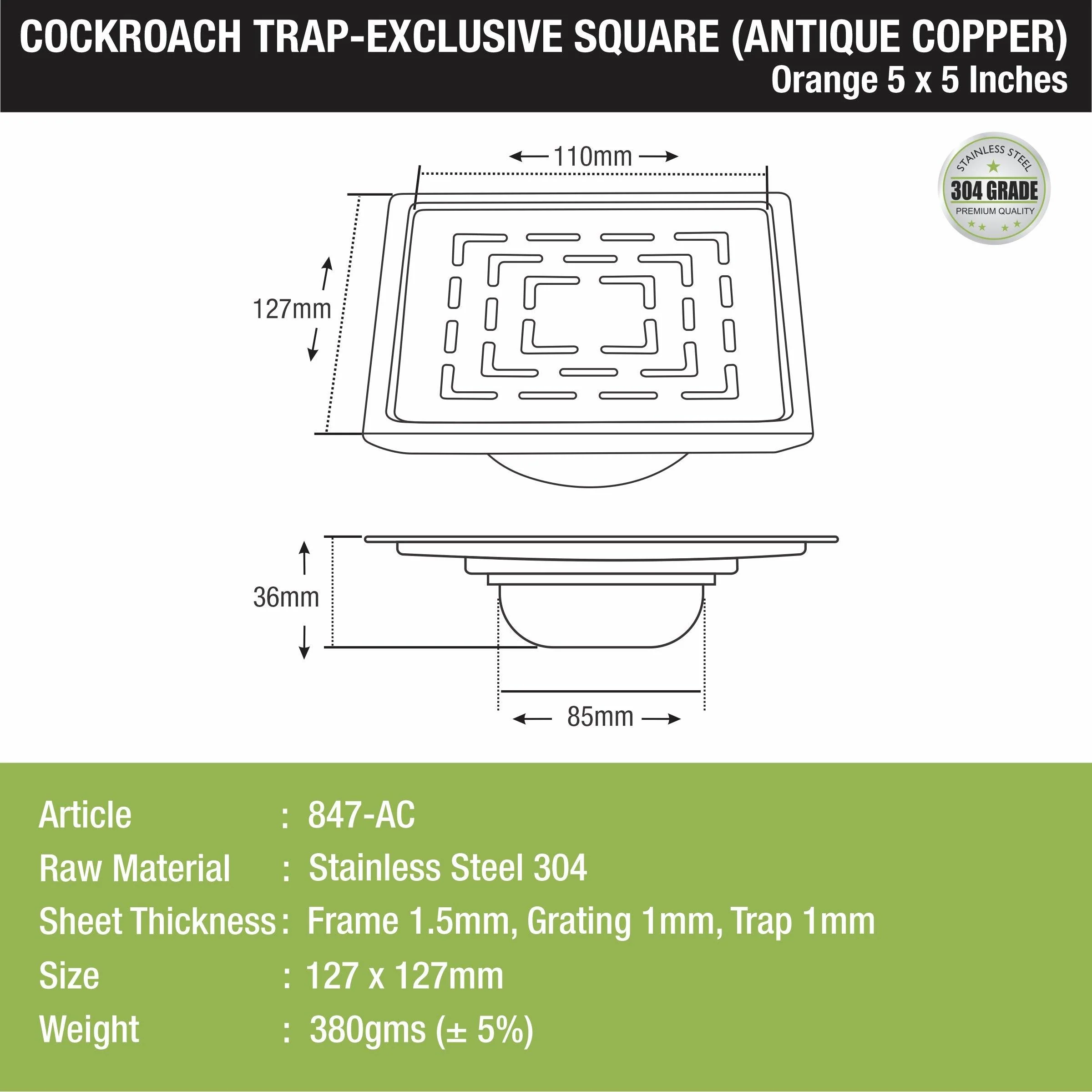 Orange Exclusive Square Floor Drain in Antique Copper PVD Coating (5 x 5 Inches) with Cockroach Trap - LIPKA - Image 2