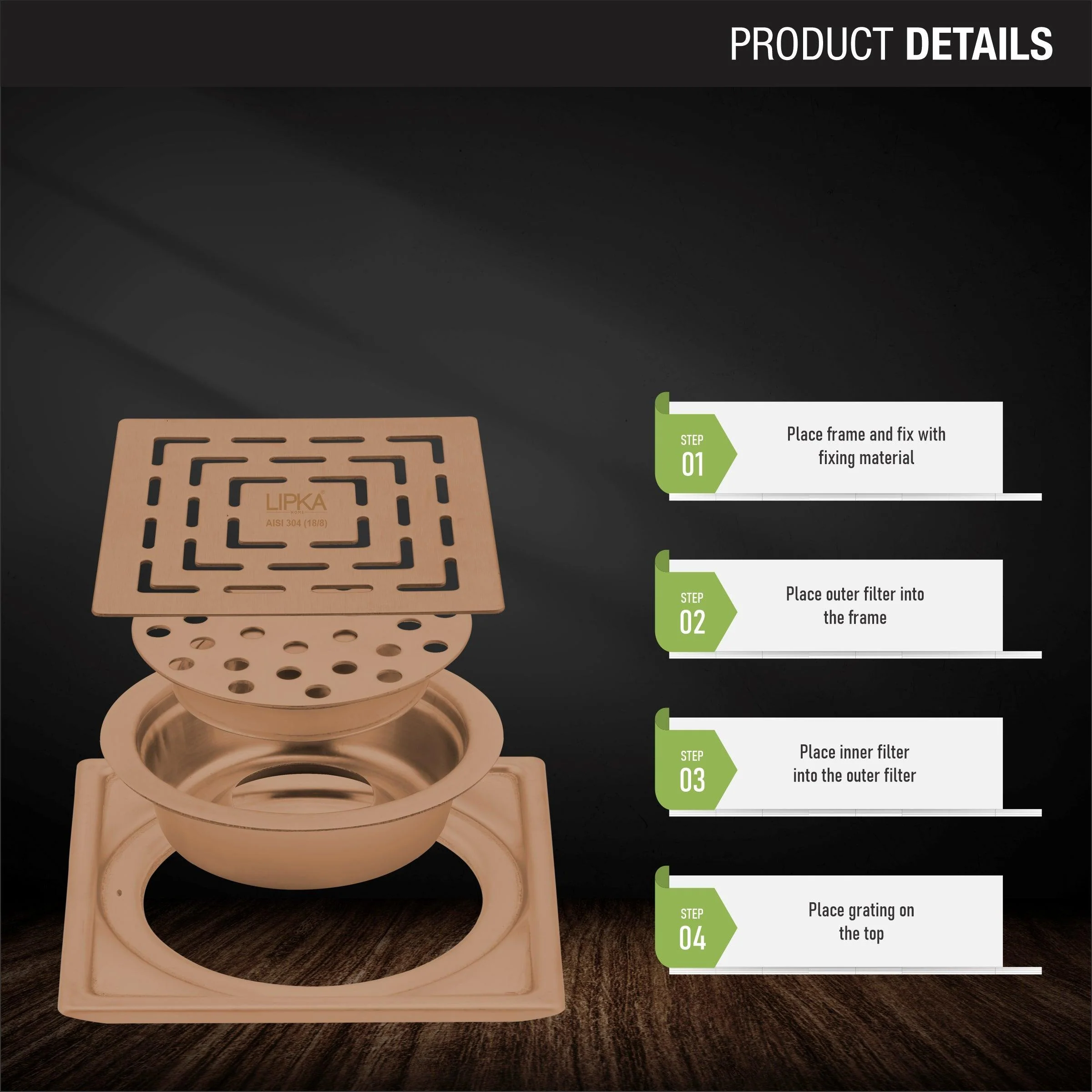Orange Exclusive Square Floor Drain in Antique Copper PVD Coating (5 x 5 Inches) with Cockroach Trap - LIPKA - Image 3