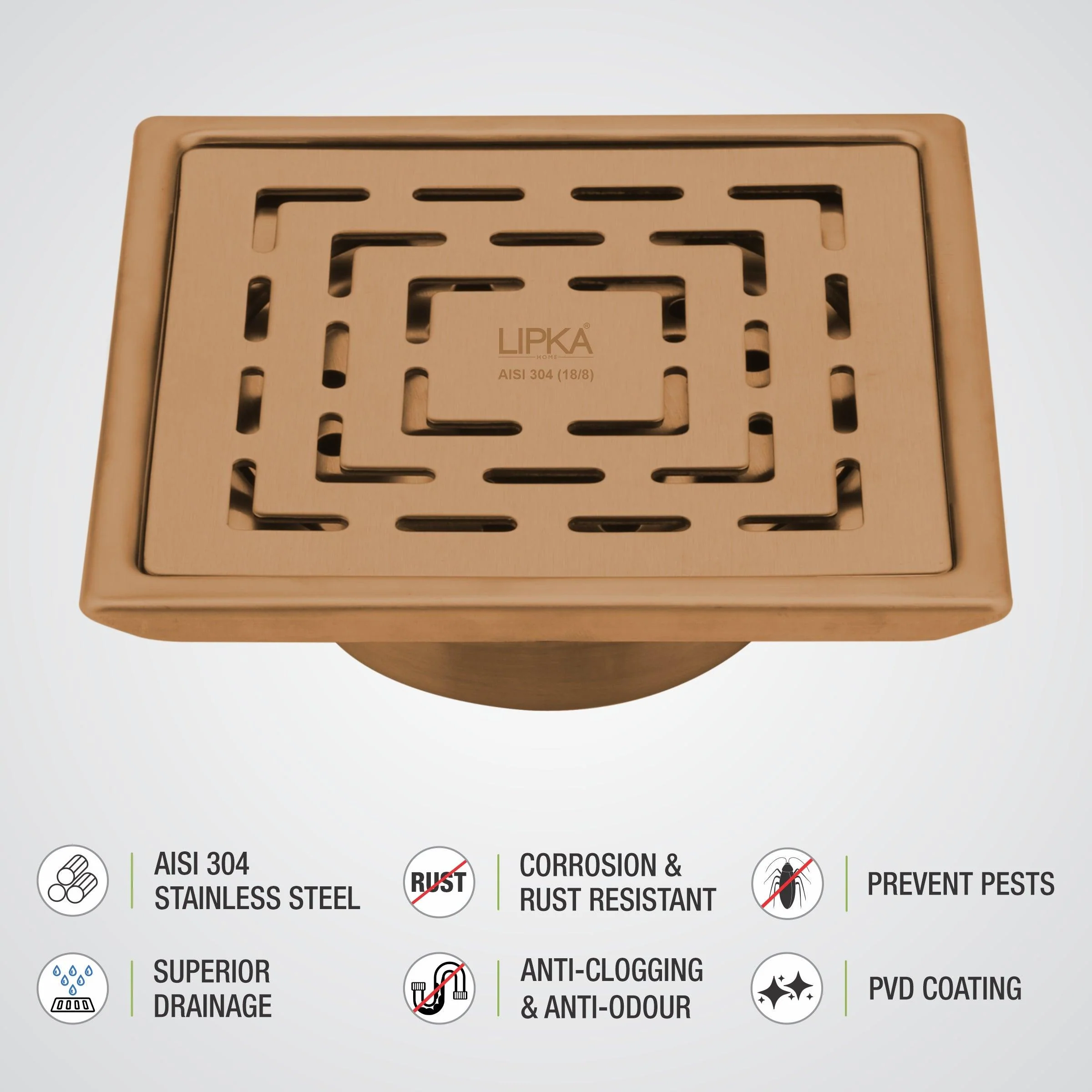 Orange Exclusive Square Floor Drain in Antique Copper PVD Coating (5 x 5 Inches) with Cockroach Trap - LIPKA - Image 4