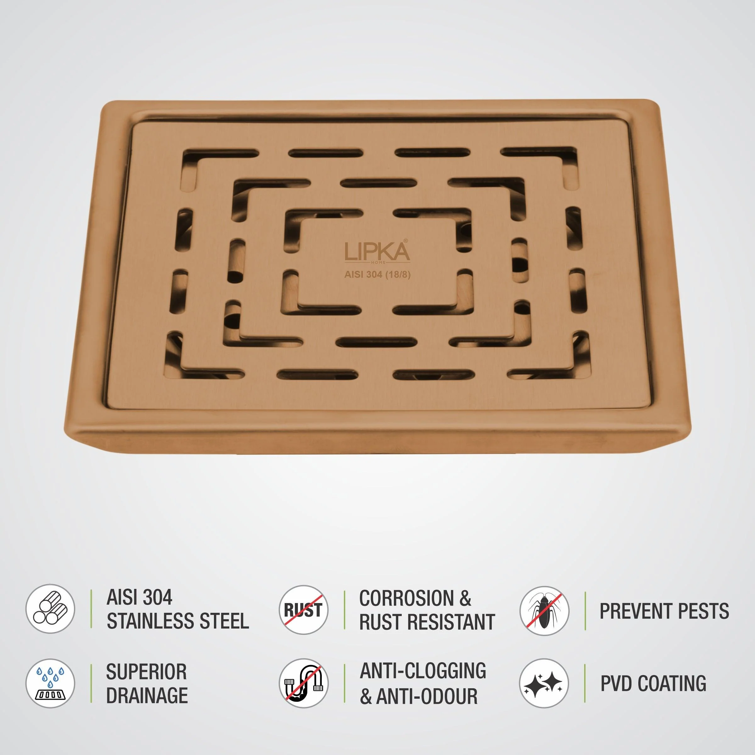 Orange Exclusive Square Floor Drain in Antique Copper PVD Coating (6 x 6 Inches) - LIPKA - Image 3