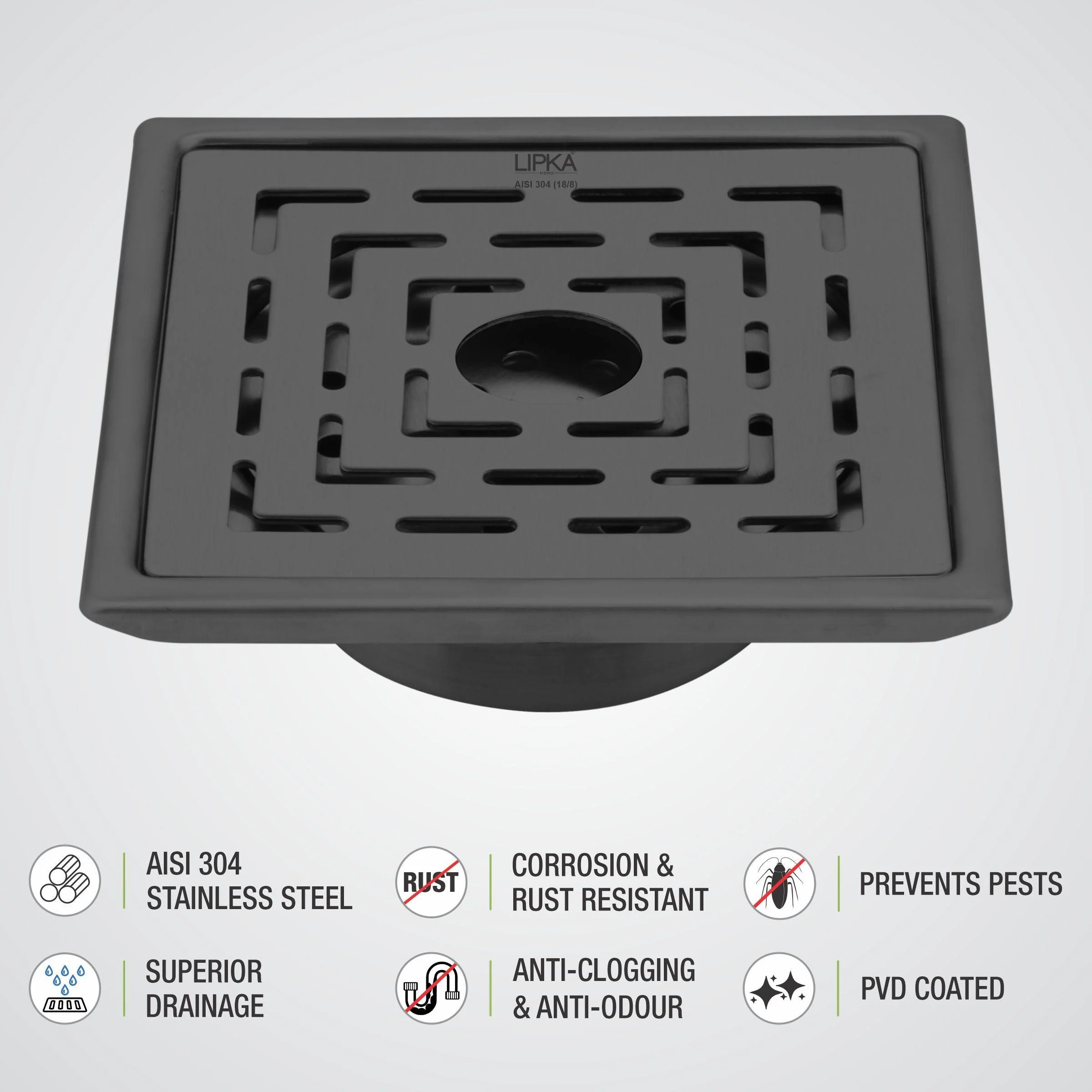 Orange Exclusive Square Floor Drain in Black PVD Coating (6 x 6 Inches) with Hole & Cockroach Trap - LIPKA - Image 3