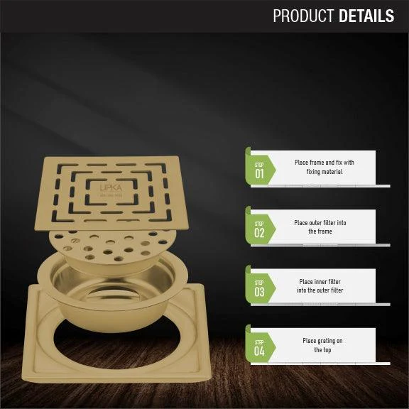 Orange Exclusive Square Floor Drain in Yellow Gold PVD Coating (5 x 5 Inches) with Cockroach Trap - LIPKA - Image 3