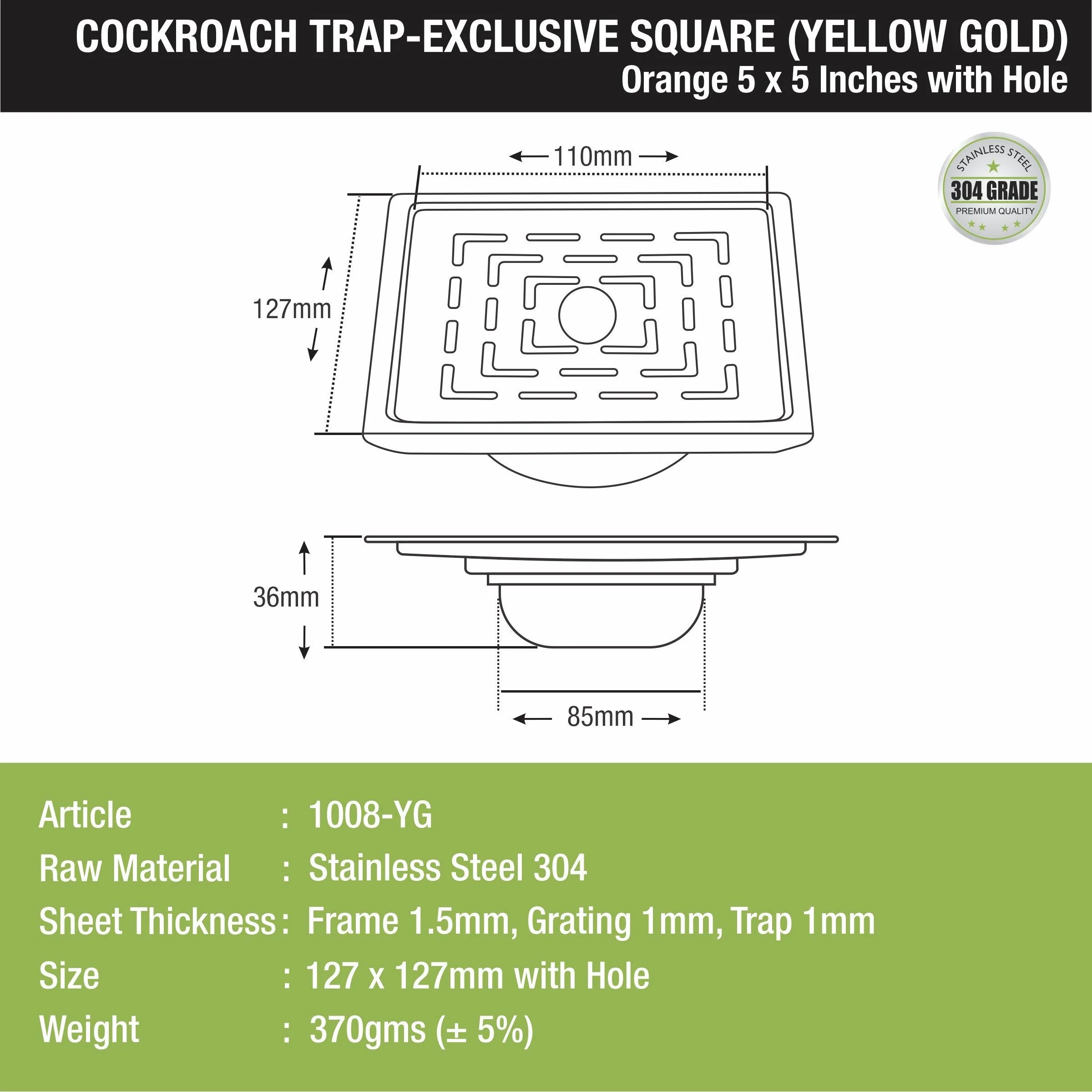 Orange Exclusive Square Floor Drain in Yellow Gold PVD Coating (5 x 5 Inches) with Hole & Cockroach Trap - LIPKA - Image 2