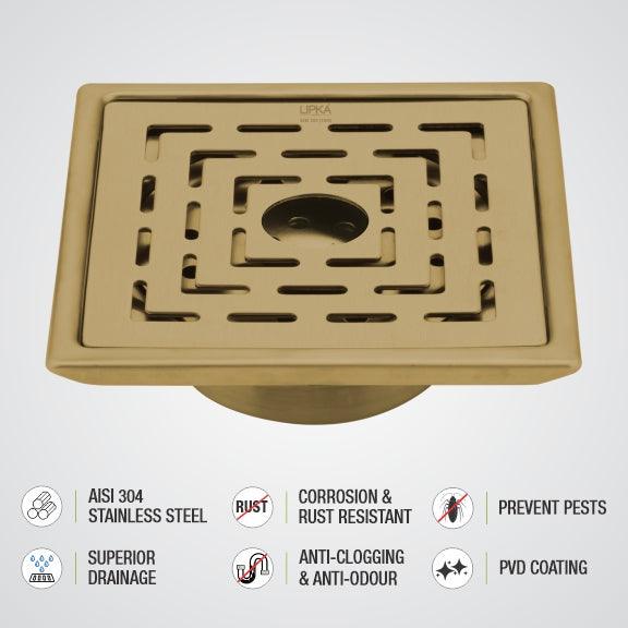 Orange Exclusive Square Floor Drain in Yellow Gold PVD Coating (5 x 5 Inches) with Hole & Cockroach Trap - LIPKA - Image 4