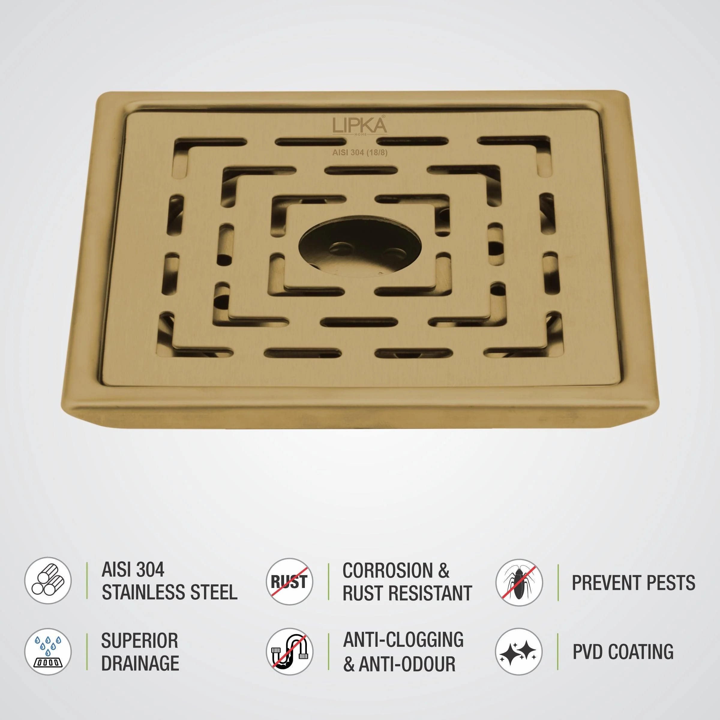 Orange Exclusive Square Floor Drain in Yellow Gold PVD Coating (5 x 5 Inches) with Hole - LIPKA - Image 3