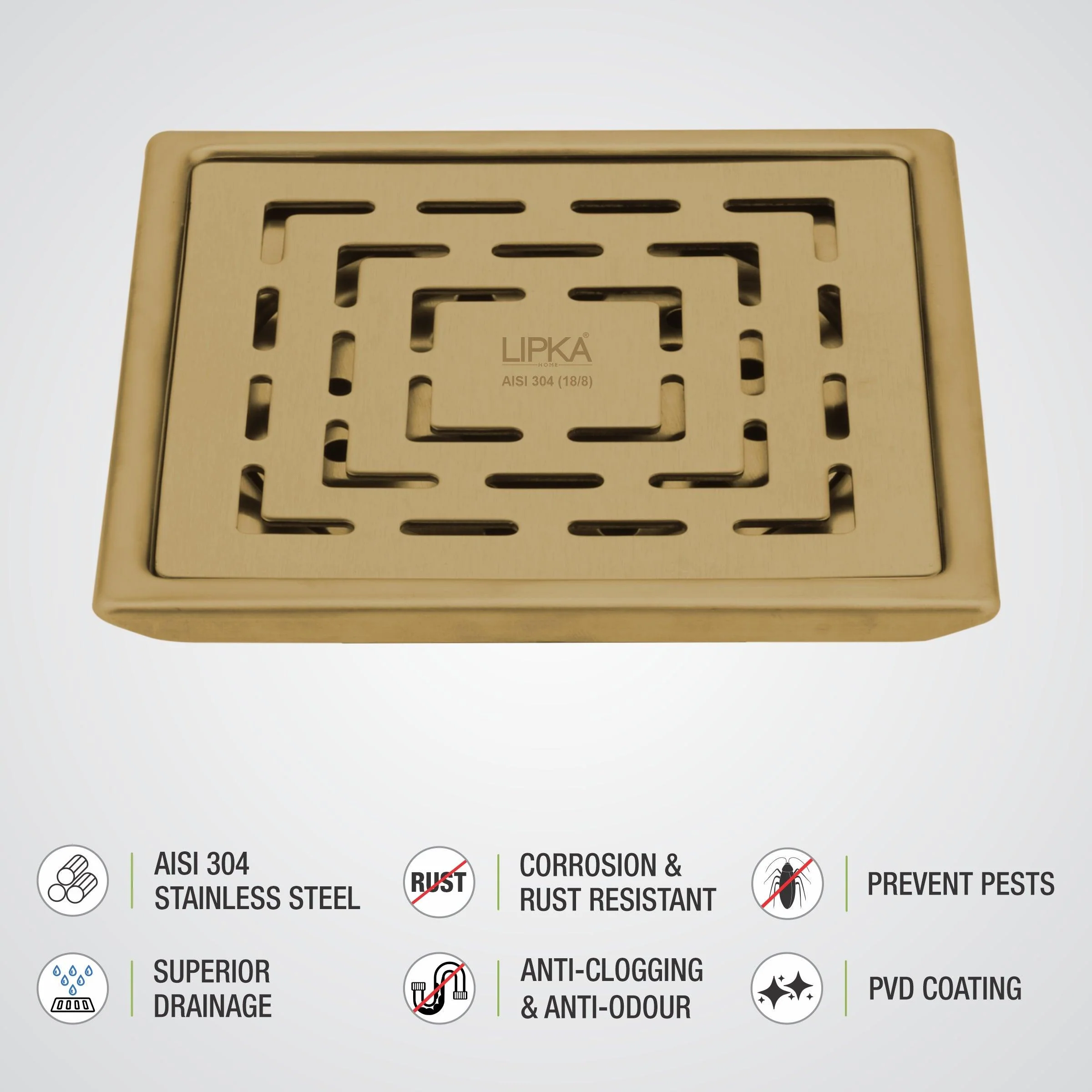 Orange Exclusive Square Floor Drain in Yellow Gold PVD Coating (6 x 6 Inches) - LIPKA - Image 3