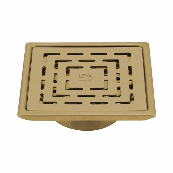 Orange Exclusive Square Floor Drain in Yellow Gold PVD Coating (6 x 6 Inches) with Cockroach Trap - LIPKA