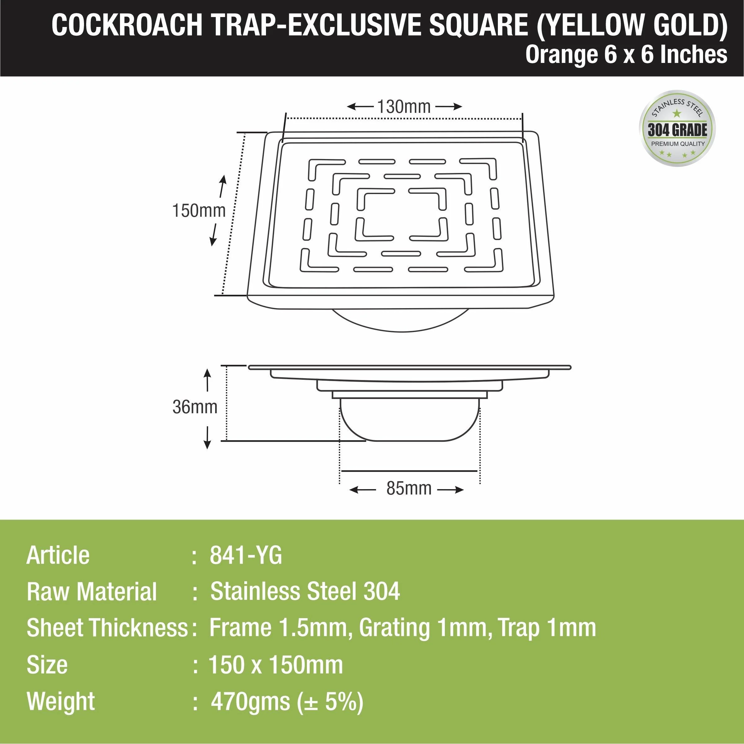 Orange Exclusive Square Floor Drain in Yellow Gold PVD Coating (6 x 6 Inches) with Cockroach Trap - LIPKA - Image 2