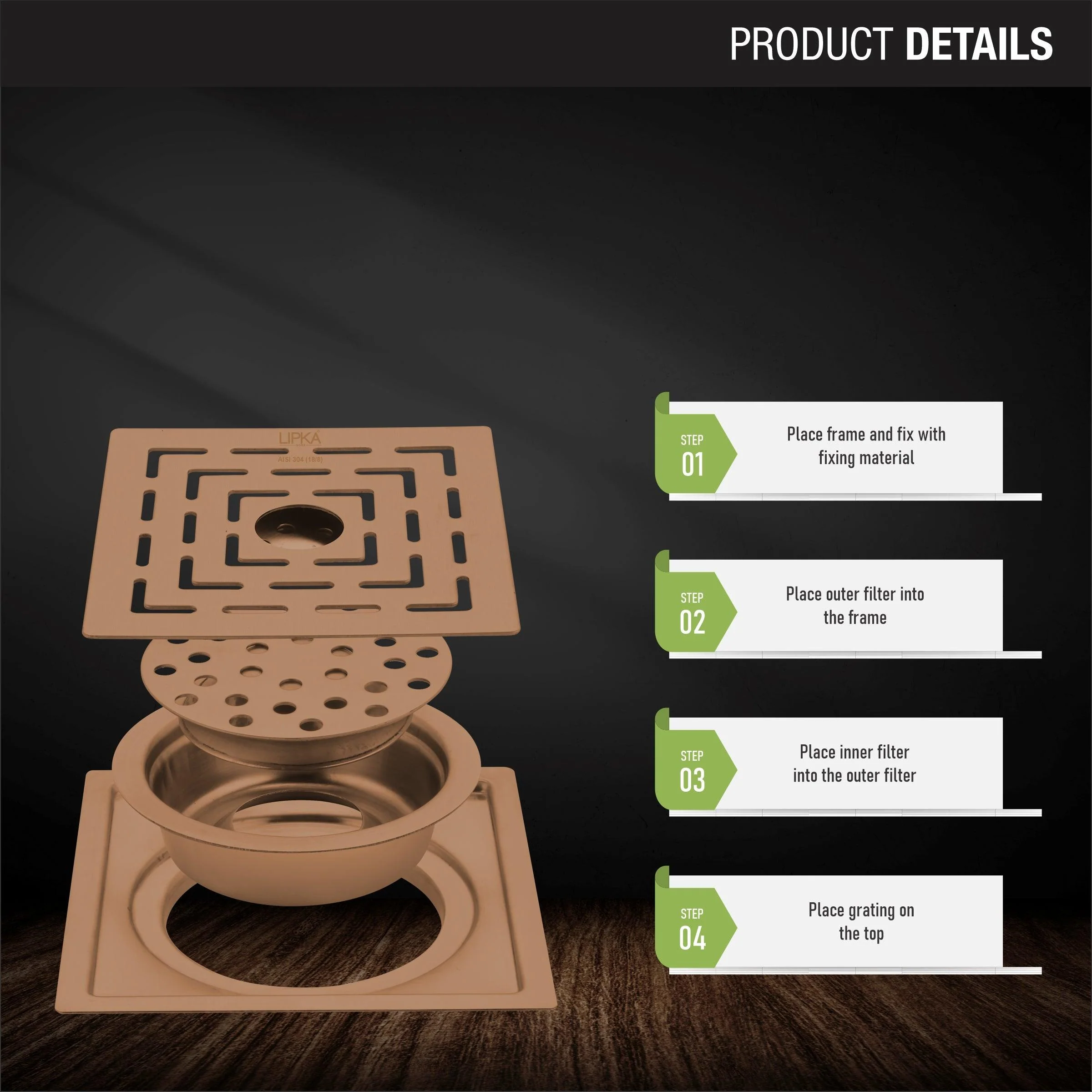 Orange Flat Cut Exclusive Square Floor Drain in Antique Copper PVD Coating (5 x 5 Inches) with Hole & Cockroach Trap - LIPKA - Image 3