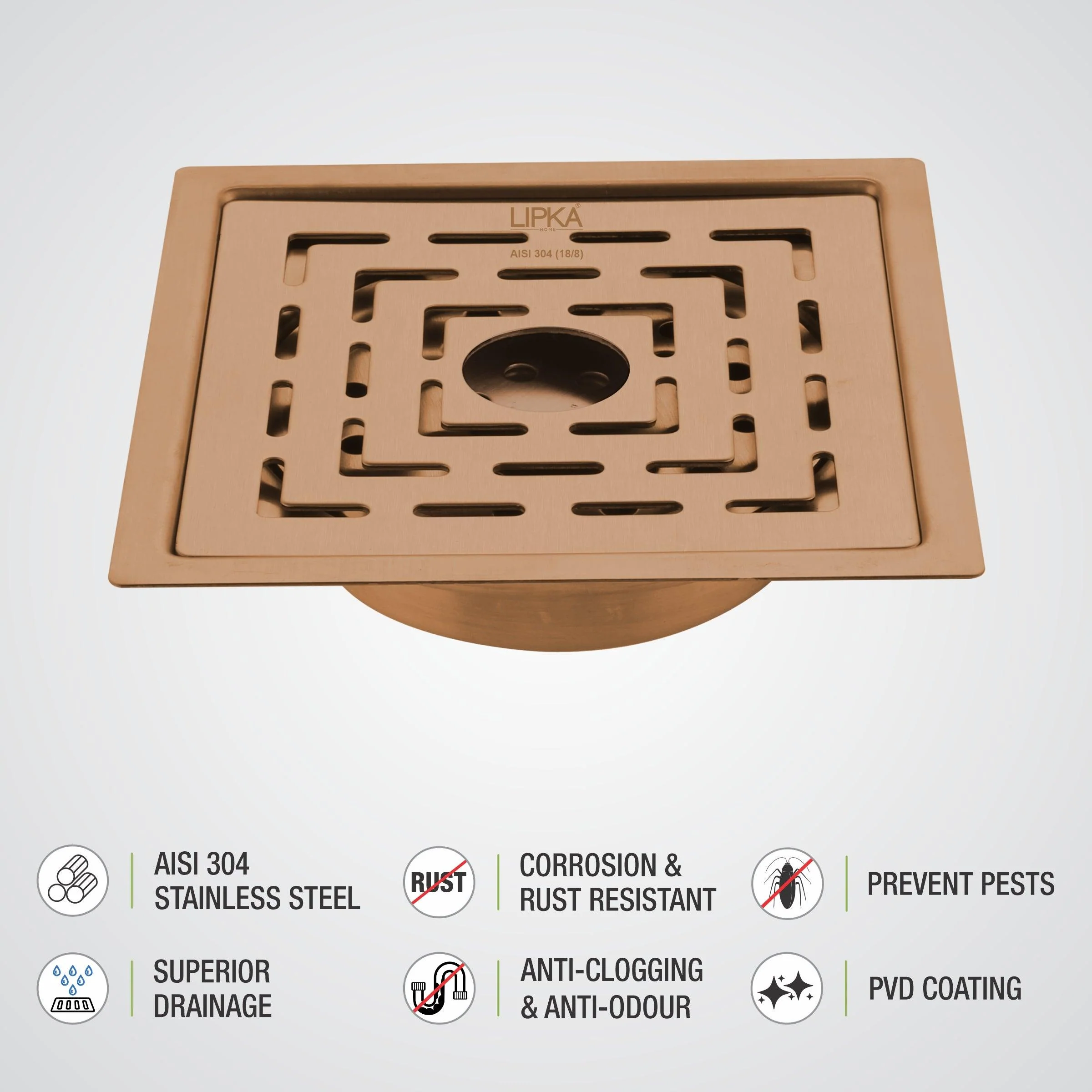 Orange Flat Cut Exclusive Square Floor Drain in Antique Copper PVD Coating (5 x 5 Inches) with Hole & Cockroach Trap - LIPKA - Image 4