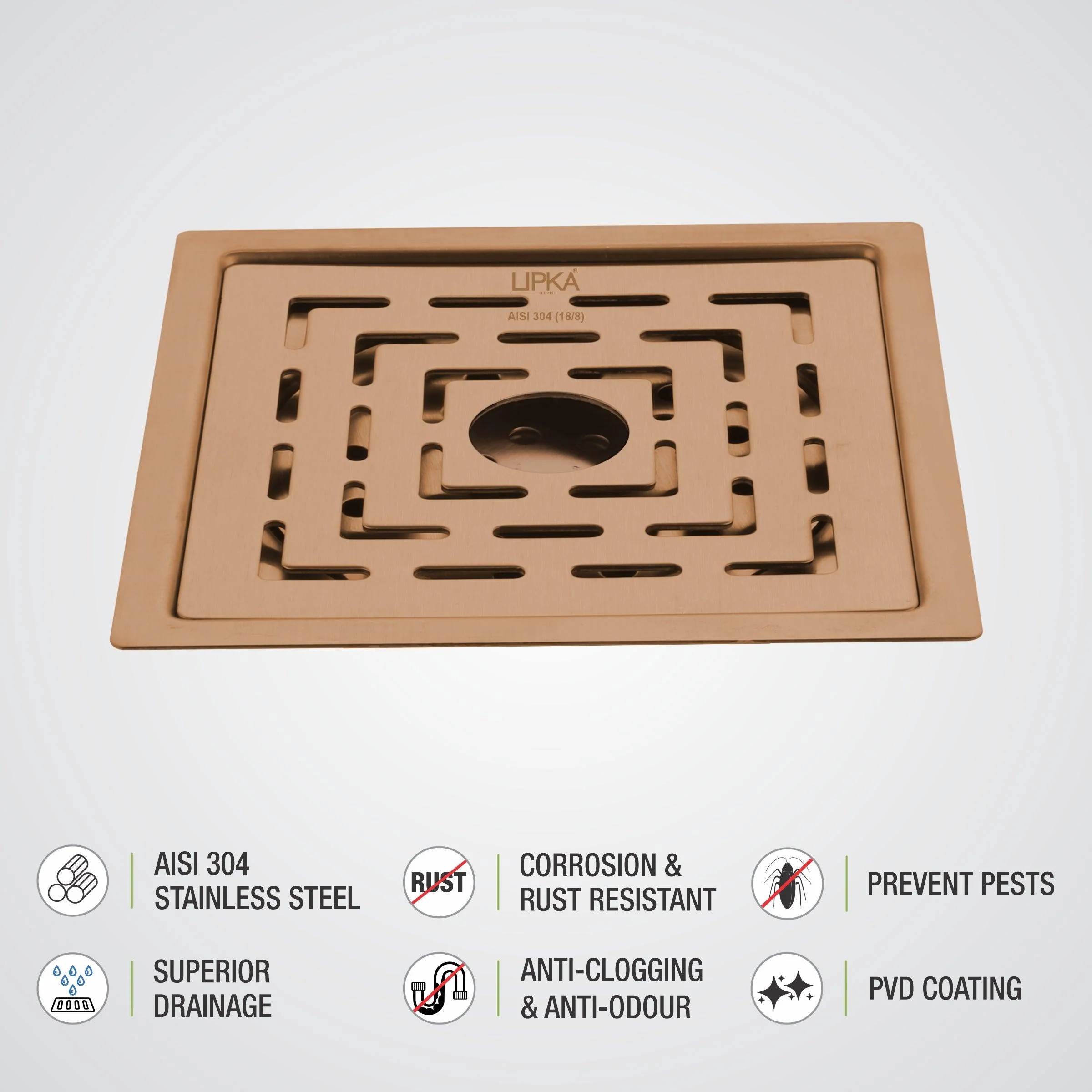 Orange Flat Cut Exclusive Square Floor Drain in Antique Copper PVD Coating (5 x 5 Inches) with Hole - LIPKA - Image 3