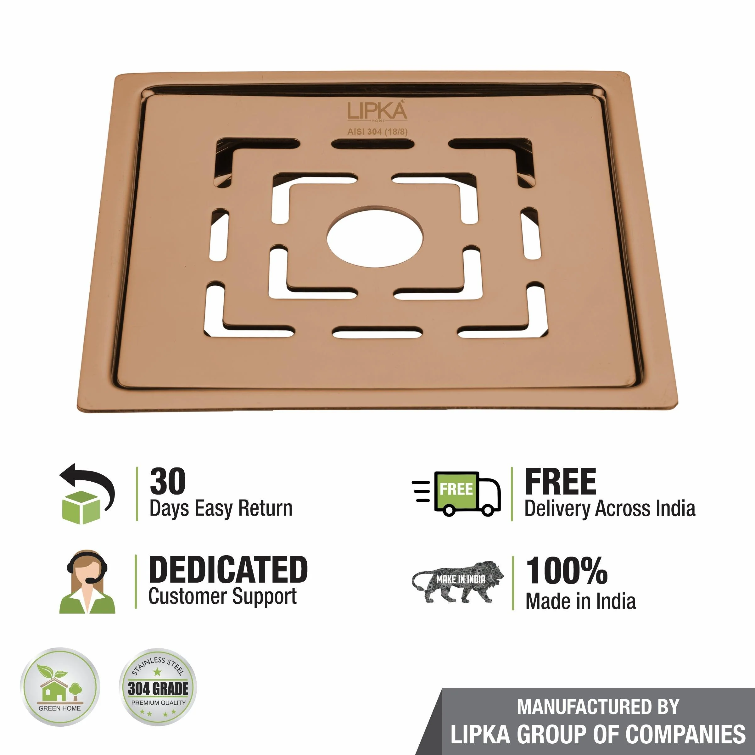 Orange Flat Cut Exclusive Square Floor Drain in Antique Copper PVD Coating (5 x 5 Inches) with Hole - LIPKA - Image 4