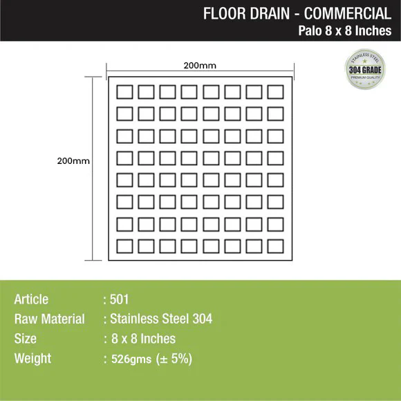 Palo Commercial 304-Grade Floor Drain (8 x 8 Inches) - LIPKA - Image 2