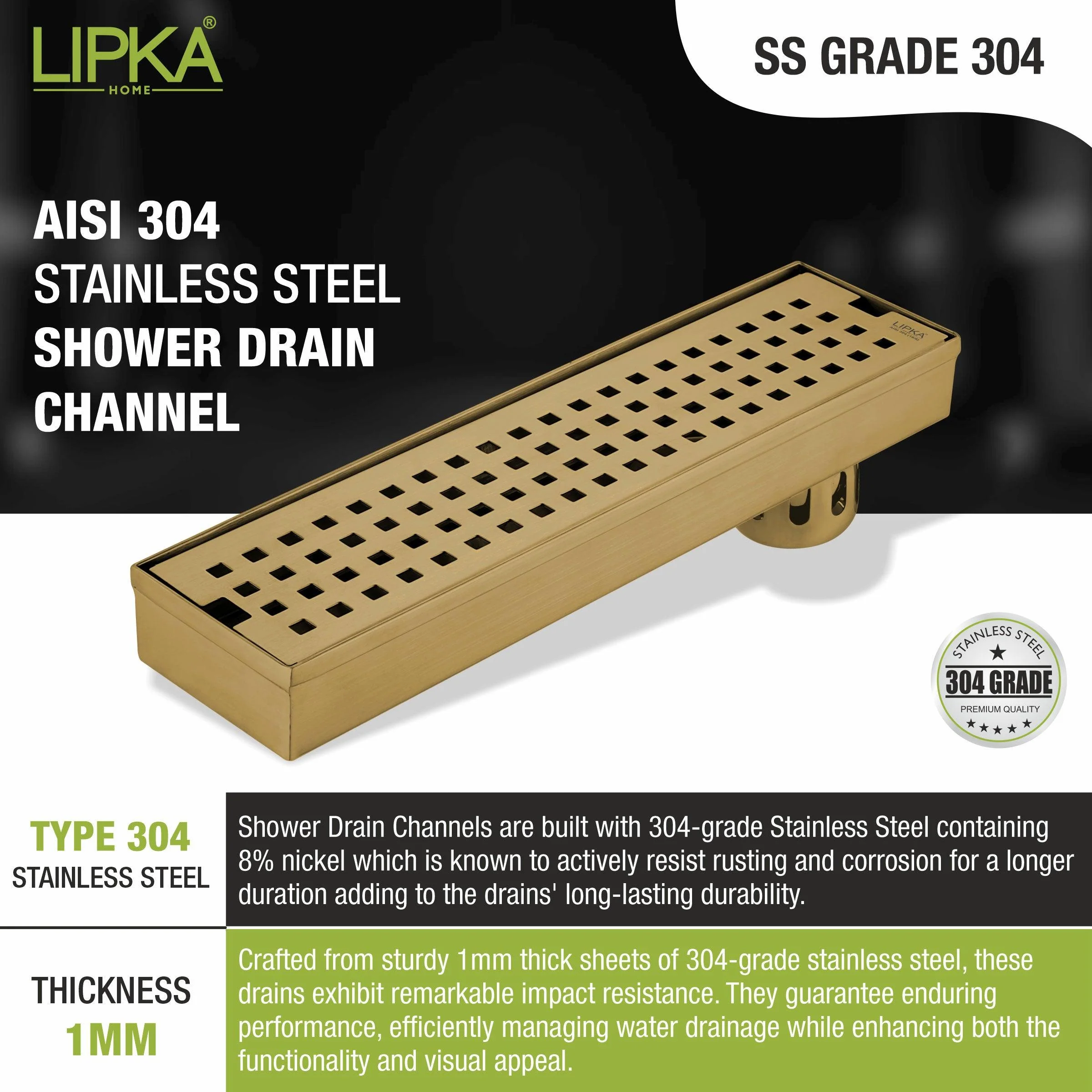 Palo Shower Drain Channel - Yellow Gold (24 x 3 Inches) - LIPKA - Image 7