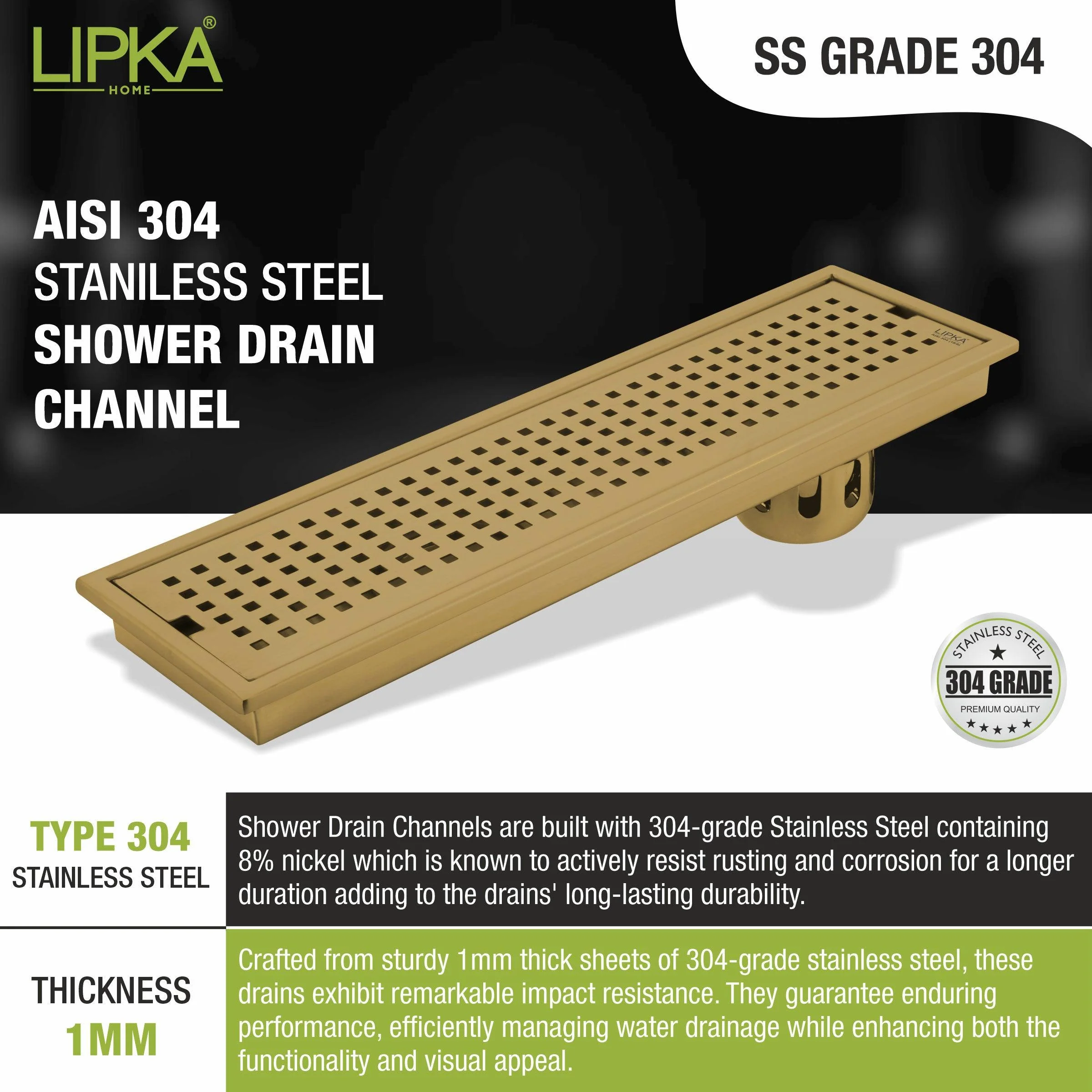 Palo Shower Drain Channel - Yellow Gold (40 x 5 Inches) - LIPKA - Image 7