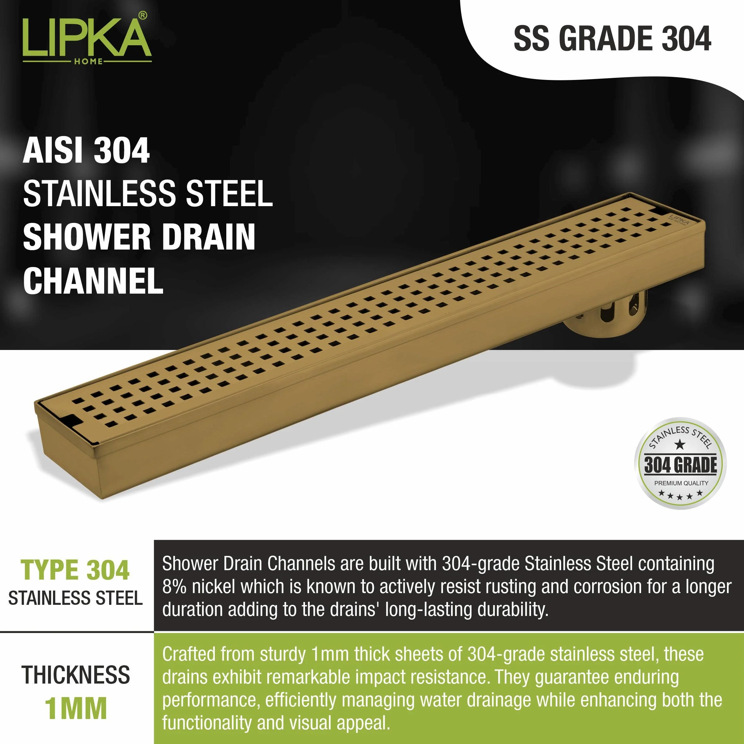Palo Shower Drain Channel - Yellow Gold (40 x 3 Inches) - LIPKA - Image 7
