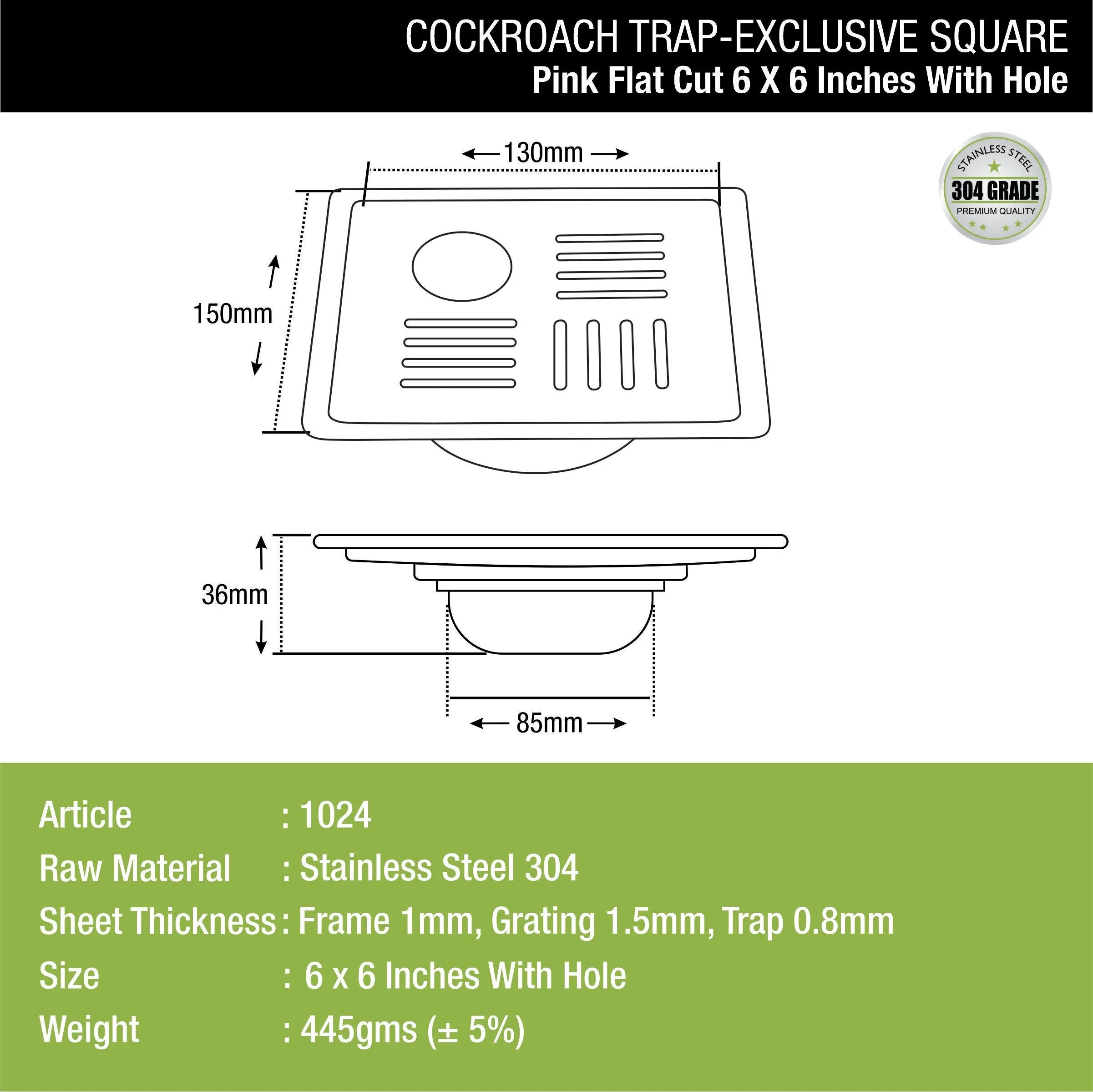 Pink Exclusive Square Flat Cut Floor Drain (6 x 6 Inches) with Hole and Cockroach Trap - LIPKA - Image 2