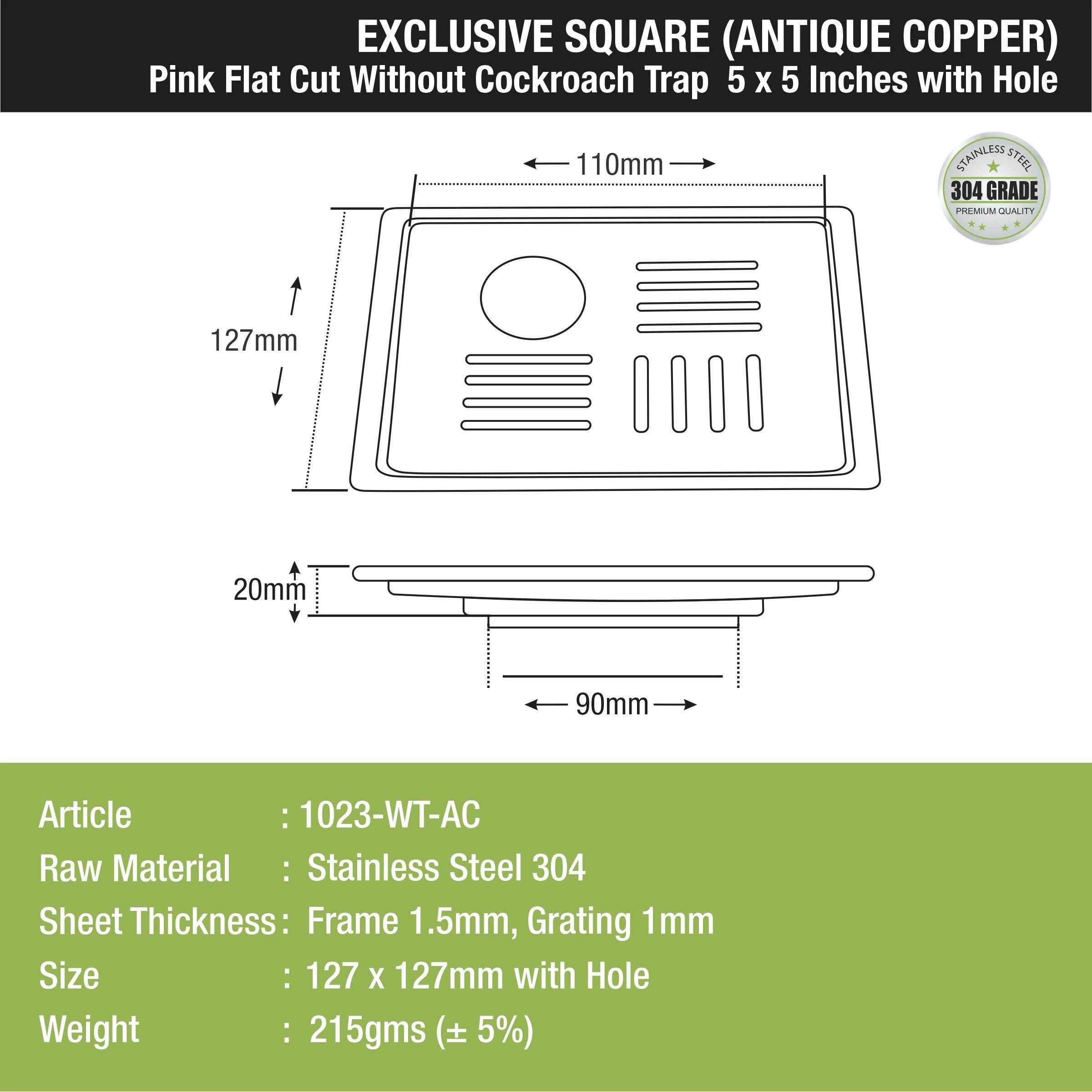 Pink Exclusive Square Flat Cut Floor Drain in Antique Copper PVD Coating (5 x 5 Inches) with Hole - LIPKA - Image 2