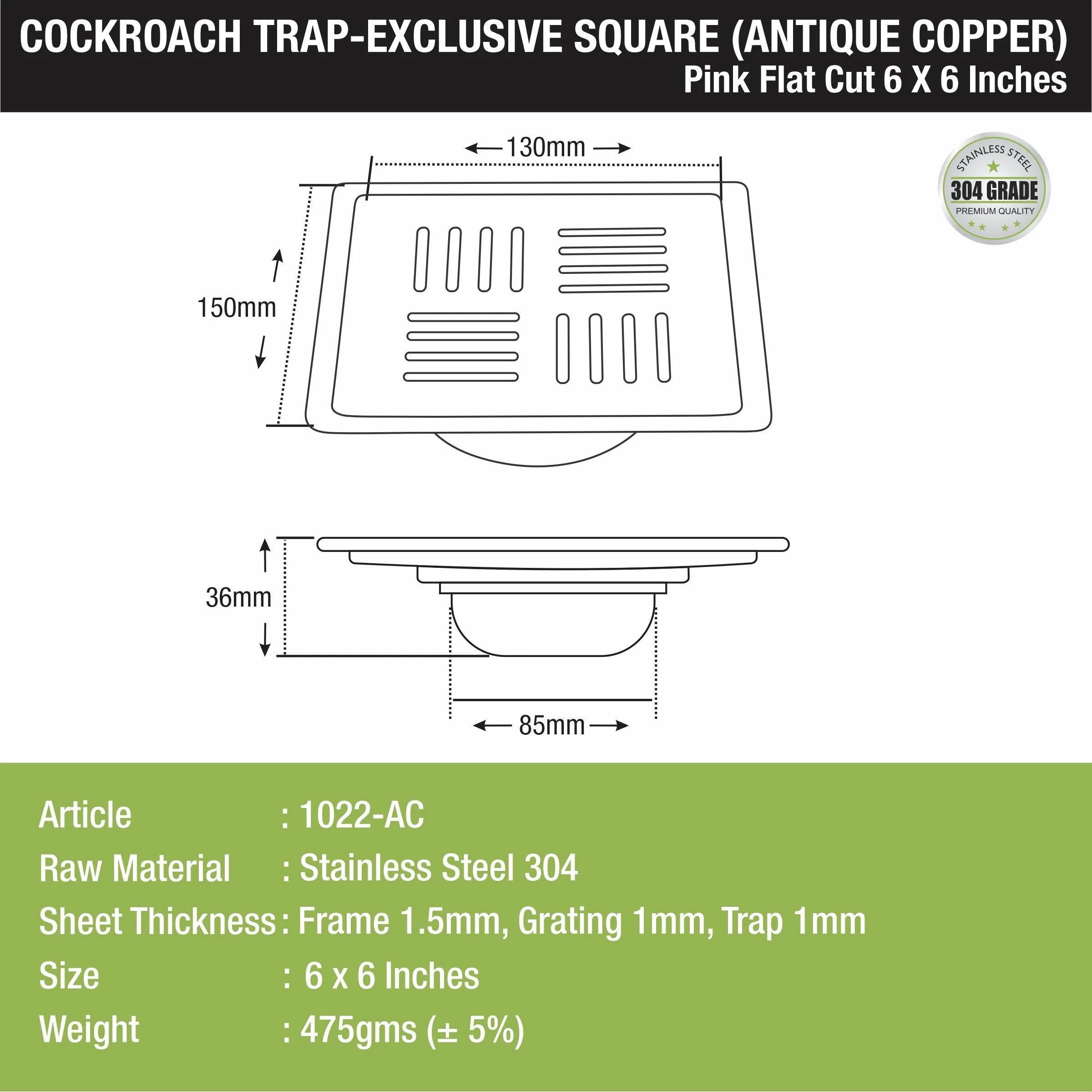 Pink Exclusive Square Flat Cut Floor Drain in Antique Copper PVD Coating (6 x 6 Inches) with Cockroach Trap - LIPKA - Image 2