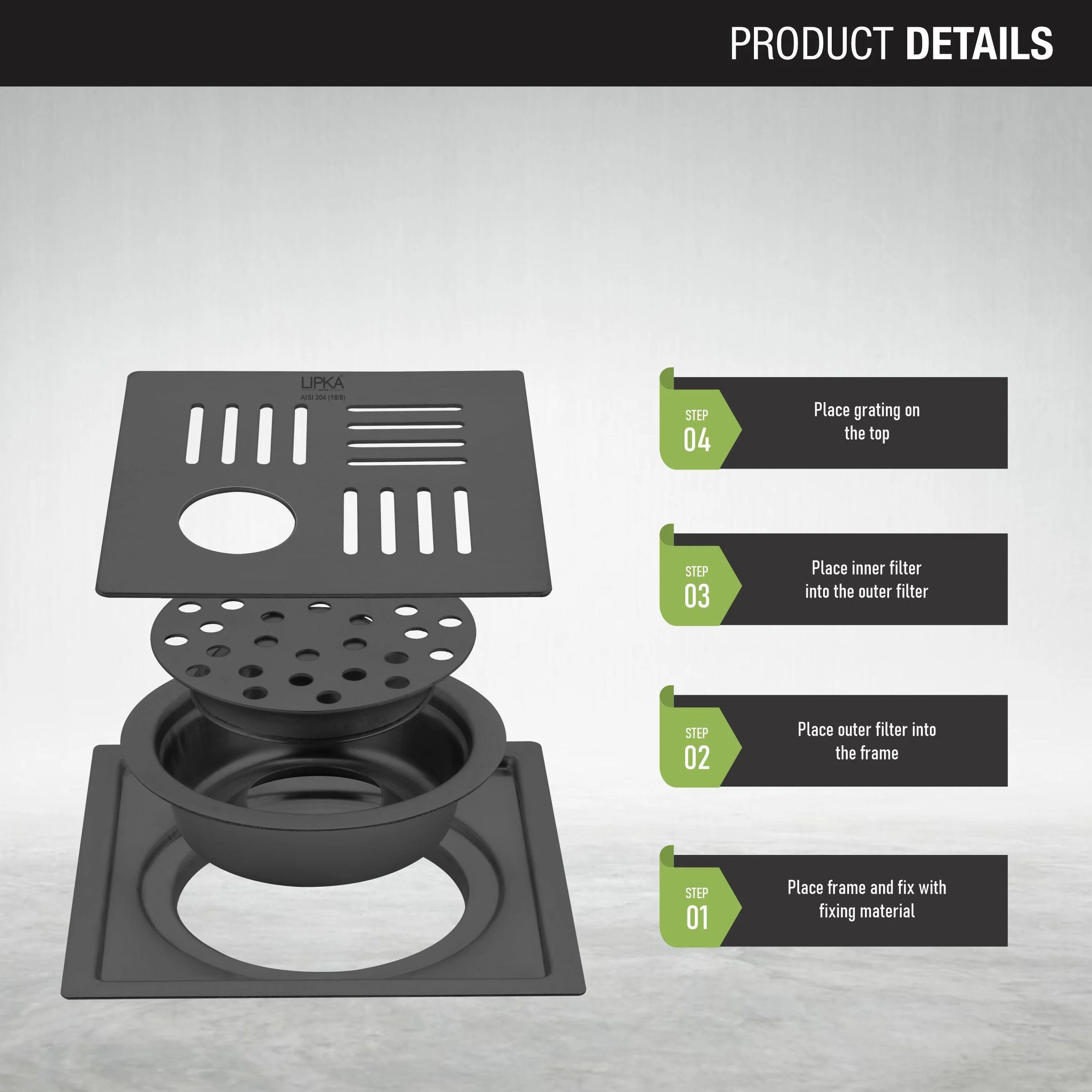 Pink Exclusive Square Flat Cut Floor Drain in Black PVD Coating (6 x 6 Inches) with Hole & Cockroach Trap - LIPKA - Image 3